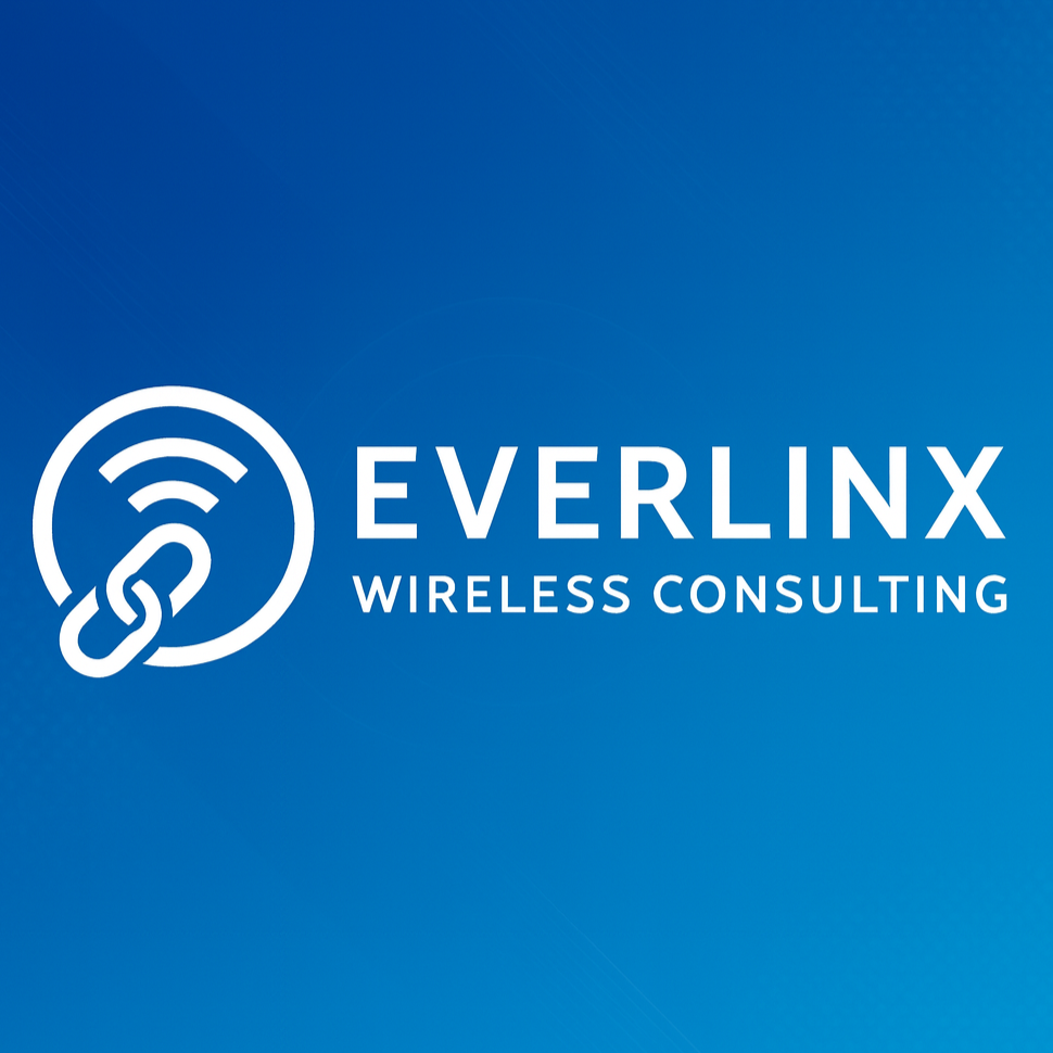 Blue background with white logo and text reading 'Everlinx Wireless Consulting'. The logo is a stylized wireless signal connected to a chain link.