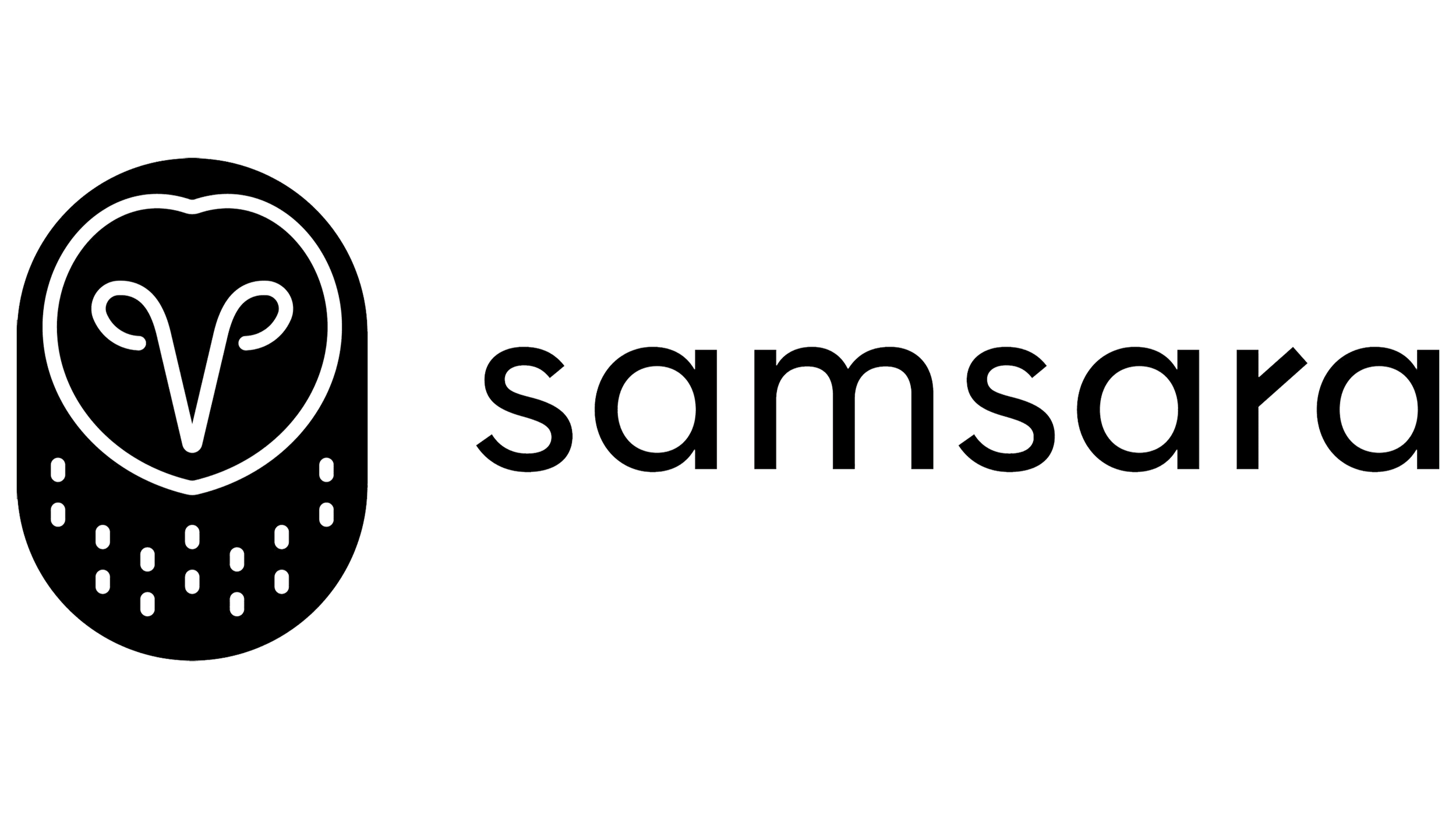 Minimalist line drawing of an owl's face next to the word 'samsara' in lowercase letters.