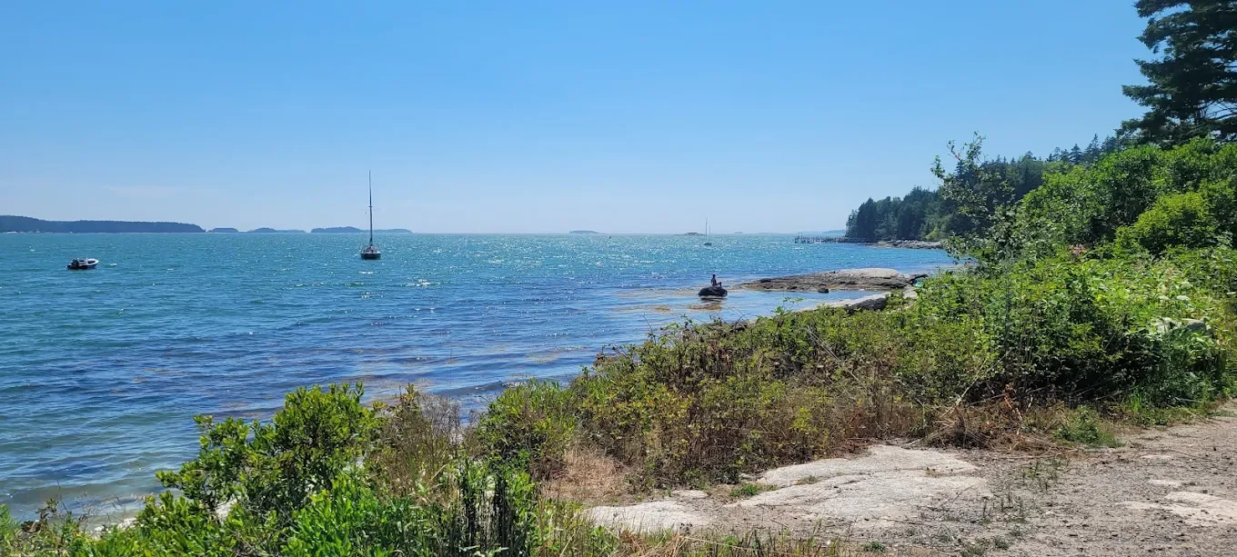 A peaceful lakeside scene with a calm blue lake, boats anchored near the shore, lush green trees on the right, and a clear blue sky.