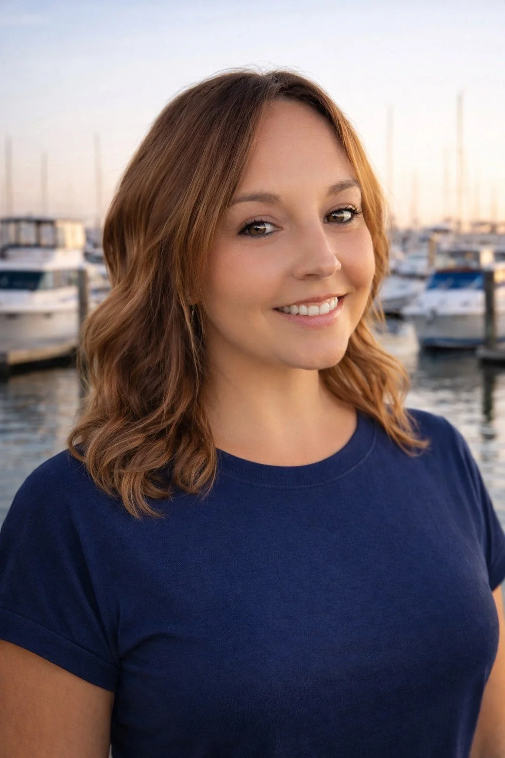 A woman with shoulder-length wavy auburn hair and a blue shirt smiling at the camera, with a marina and boats in the background during sunset.