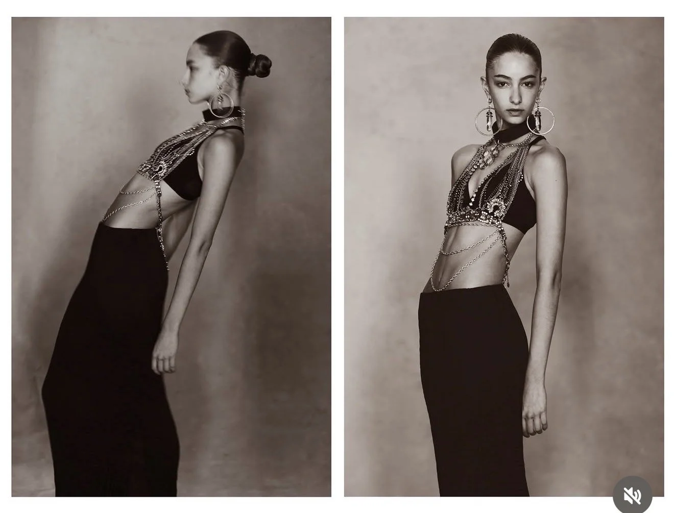 Black-and-white fashion diptych of a model wearing a black crop top, long skirt, layered body chains, and oversized hoop earrings.