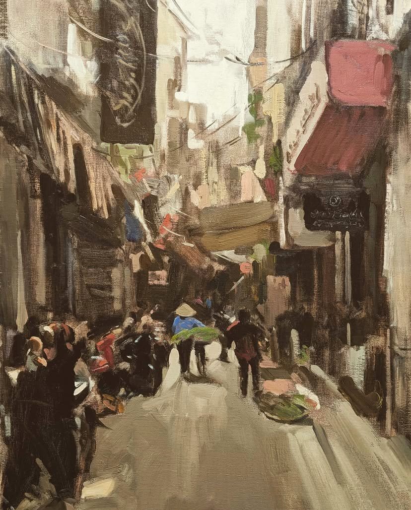 Hanoi back-street with vegetable sellers,

oil on canvas,

100cm x 70cm