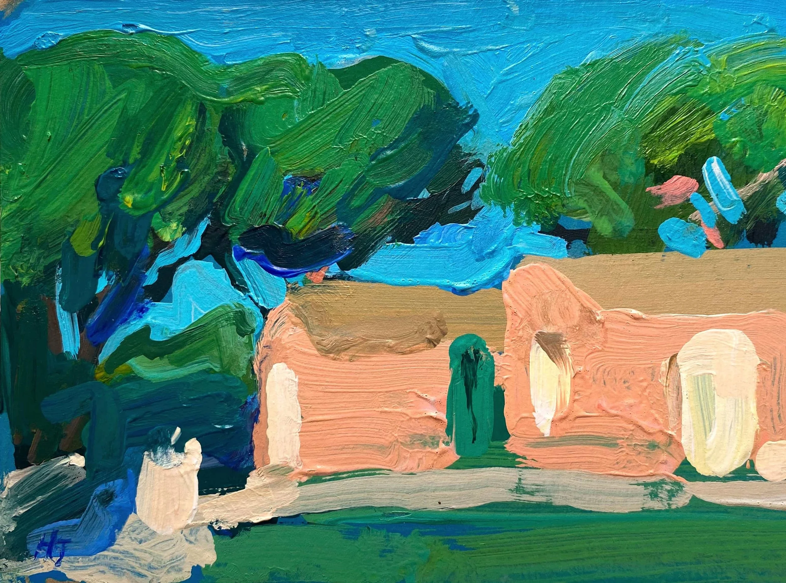 Pink cottage and mediterranean pines, Sicily,

acrylic on card,

16cm x 22cm