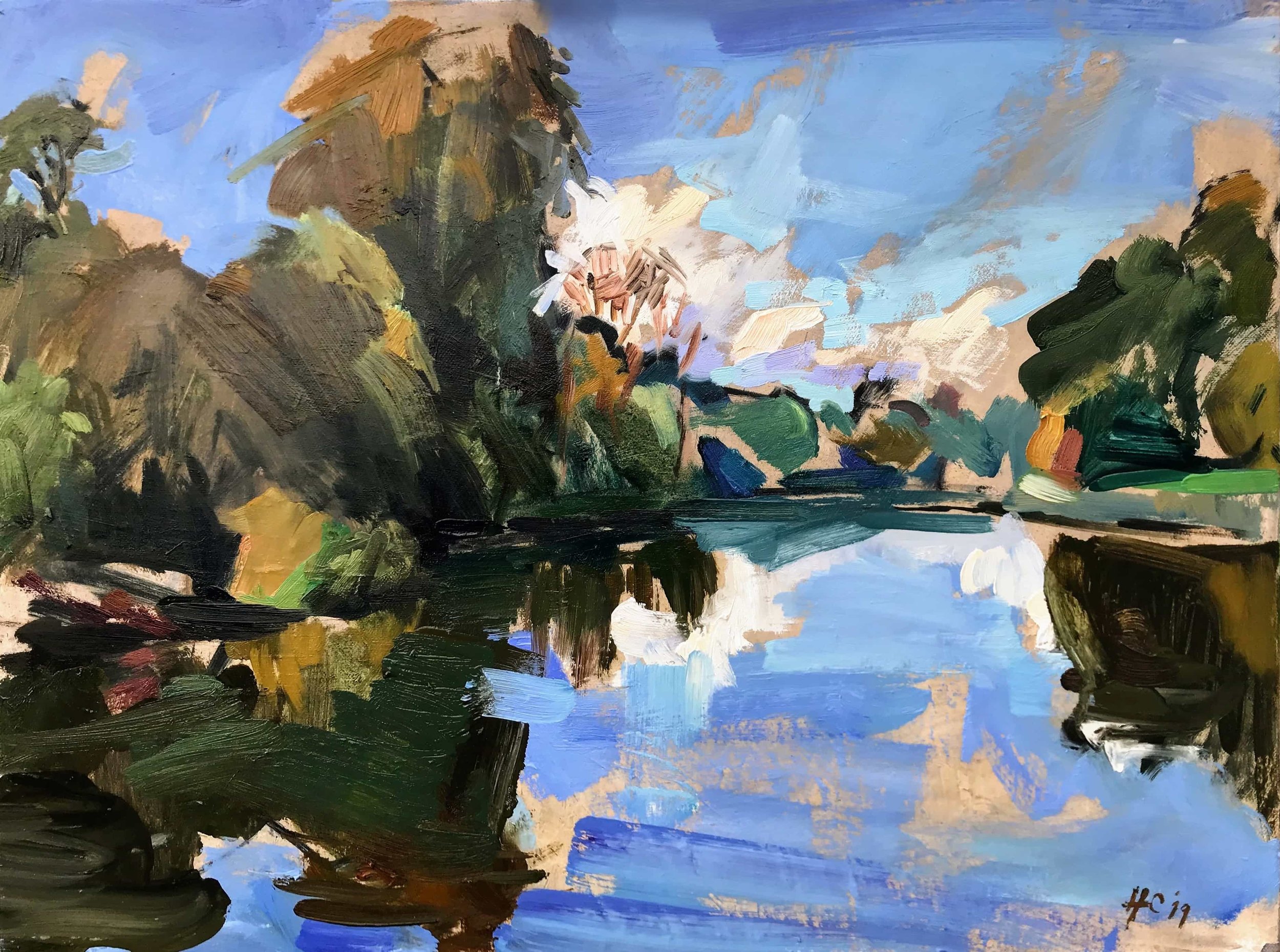 An impressionistic landscape painting featuring a wide sky with shades of blue, white, and hints of yellow, with dark green and brown trees and foliage along a water body, in a loose, expressive brushstroke style.