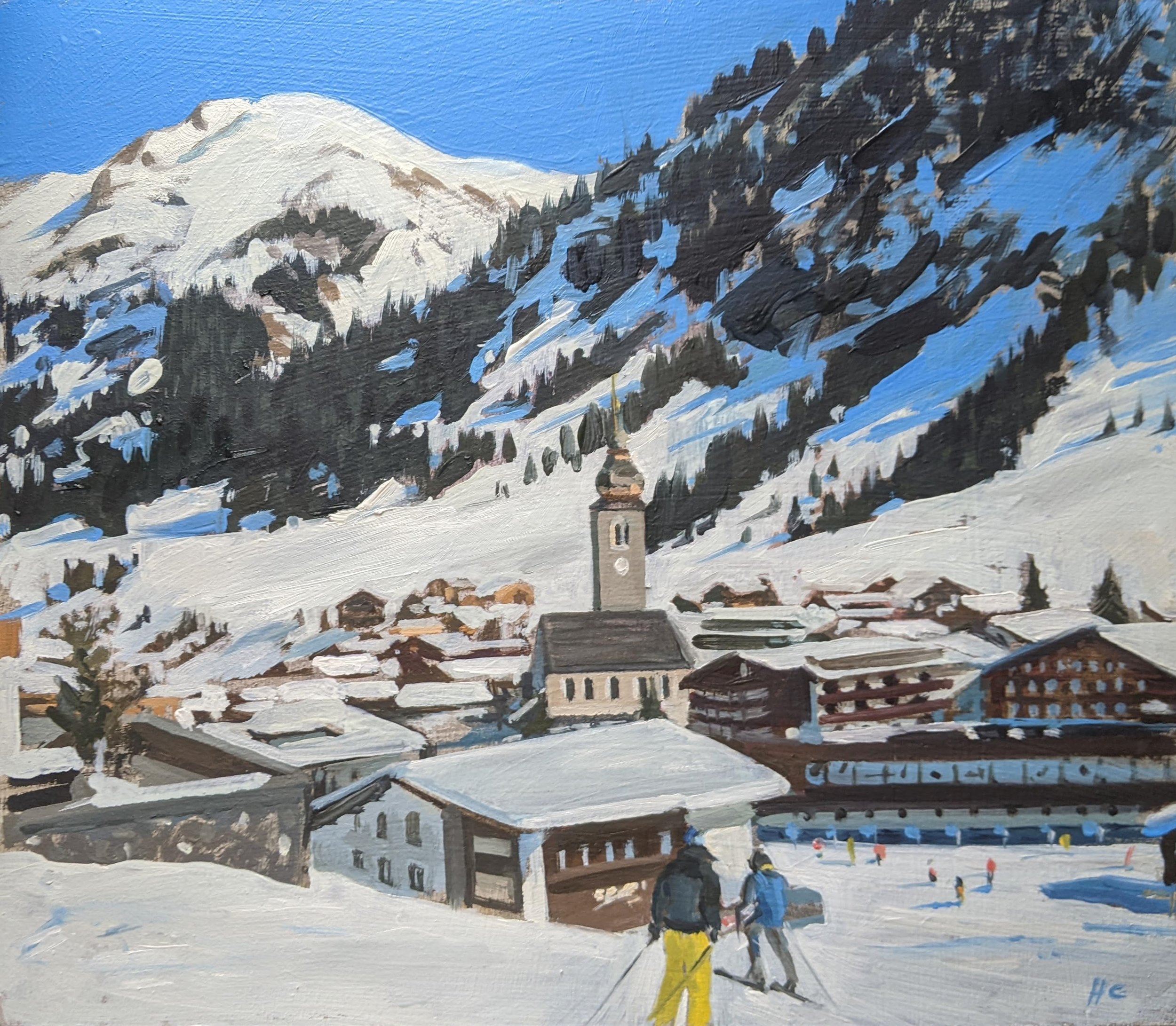 Skiing into Lech,

oil on panel,

30cm x 40cm