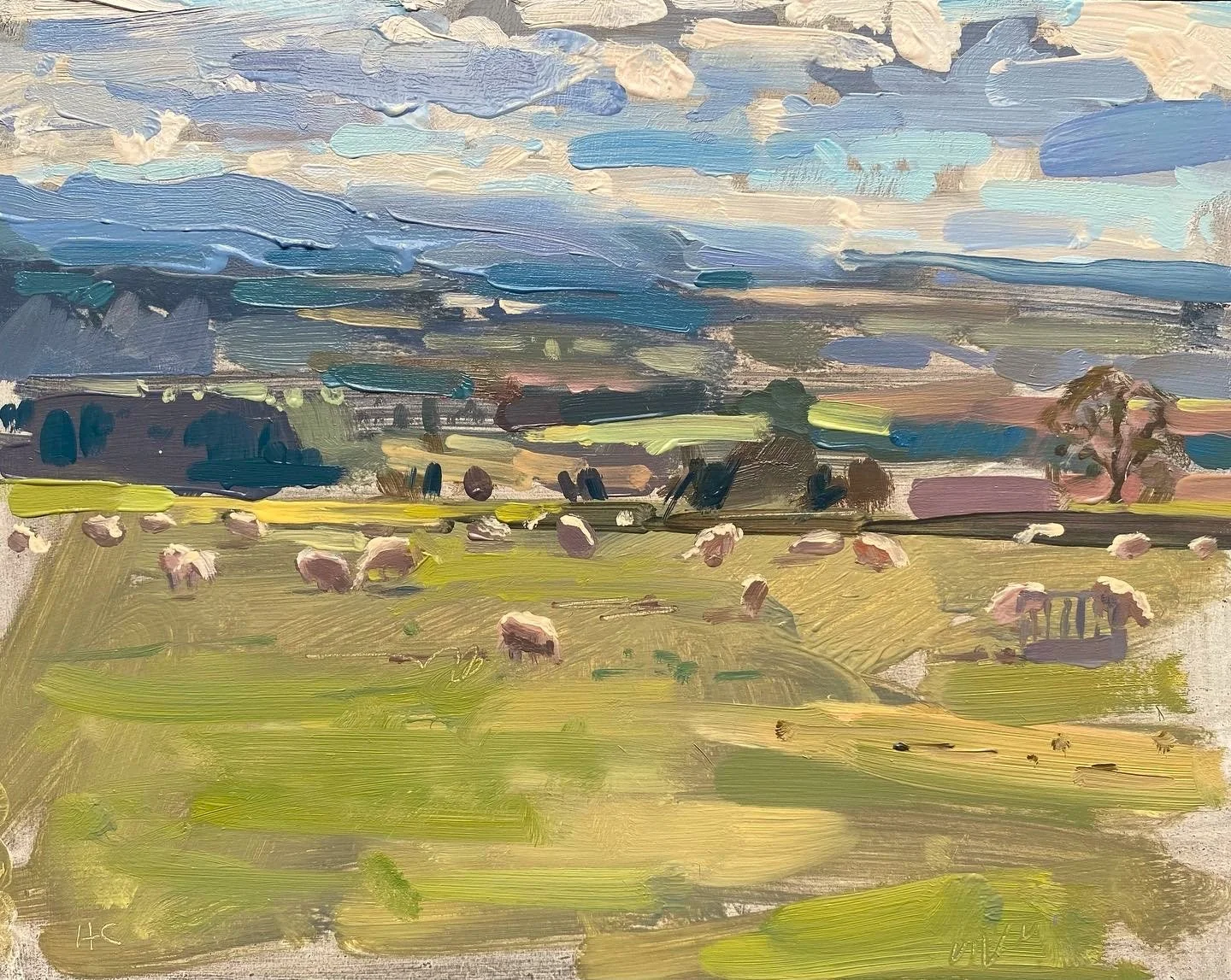 Ewes grazing in March,

oil on panel,

26cm x 30cm