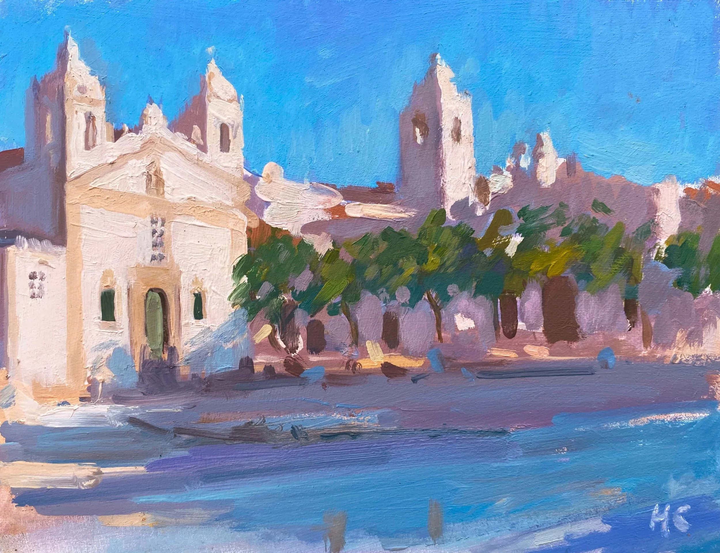 Oil painting of a cathedral with multiple towers and a row of trees in front, against a bright blue sky.