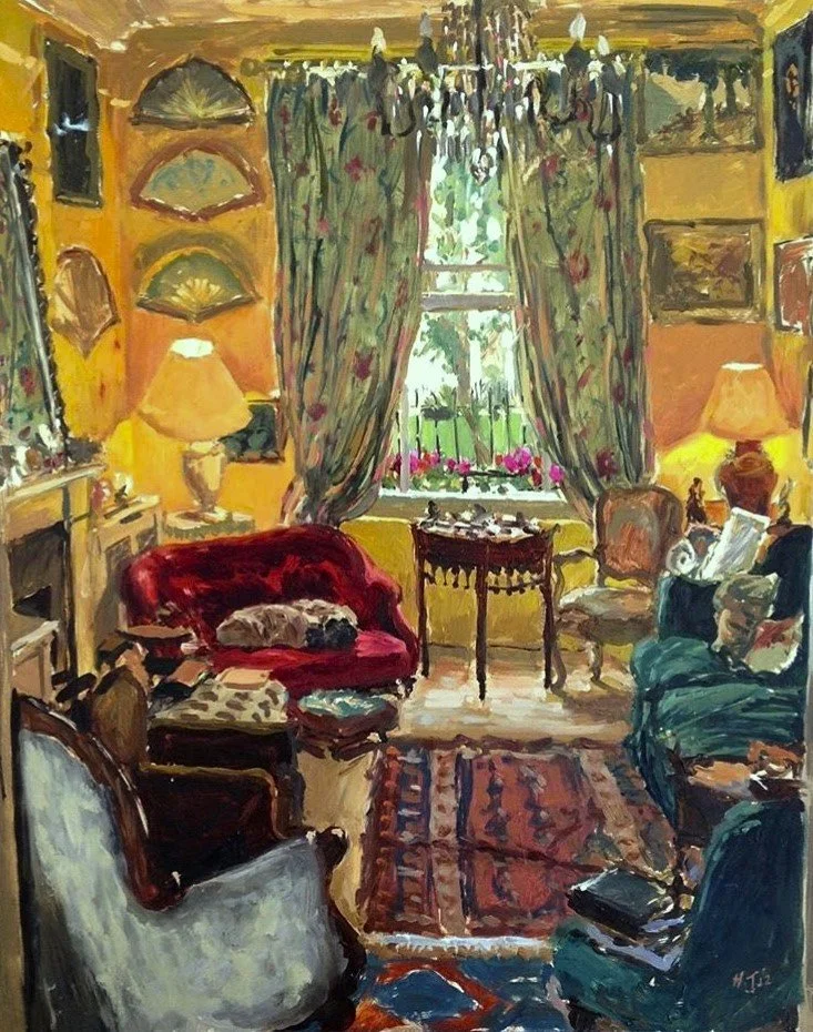 Pimlico interior with pugs,

oil on panel,

50cm x 40cm