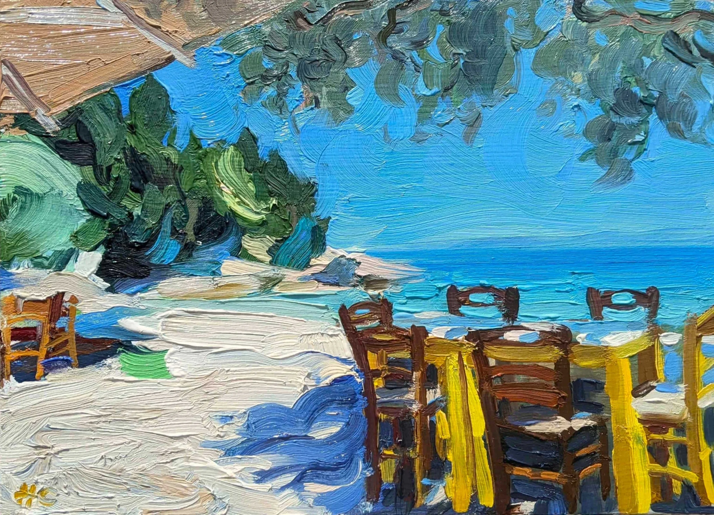Lunch, Paxos,

oil on panel,

20cm x 30cm