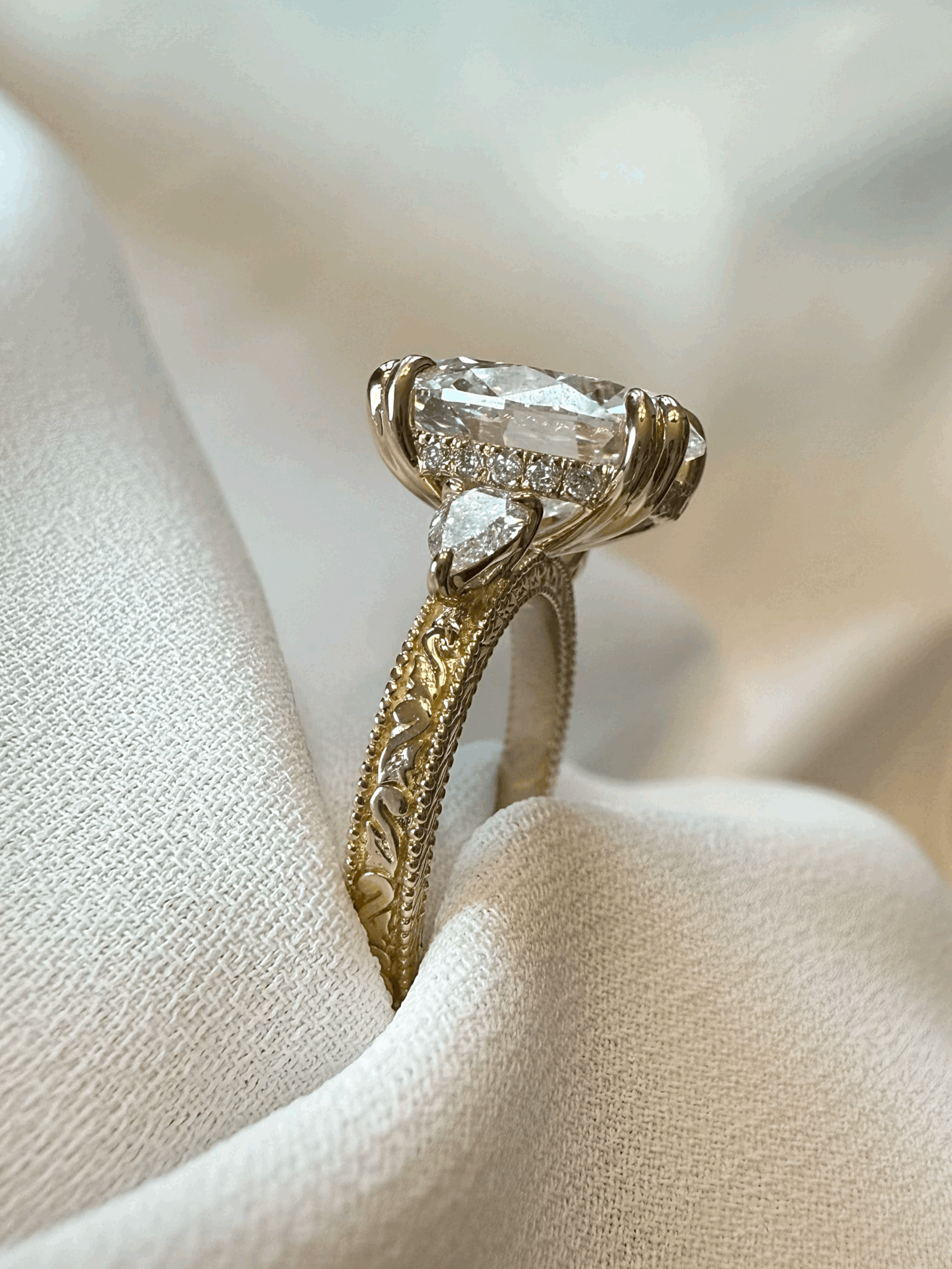 The Elle - Vintage Inspired Three Stone Ring with Etched Band SETTING ONLY