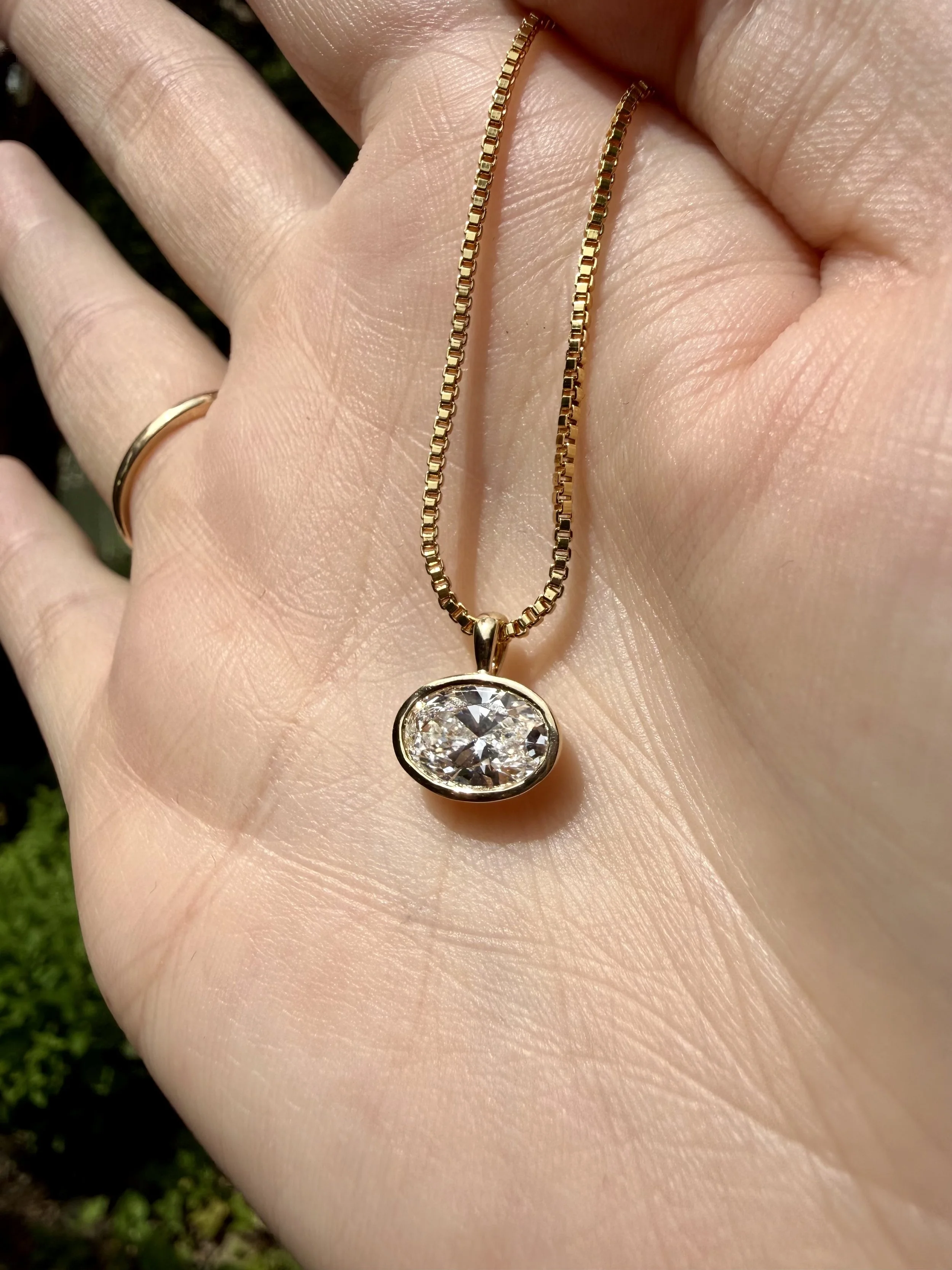 Bezel Solitaire Oval Lab Diamond-East West Pendant in 10k Yellow Gold