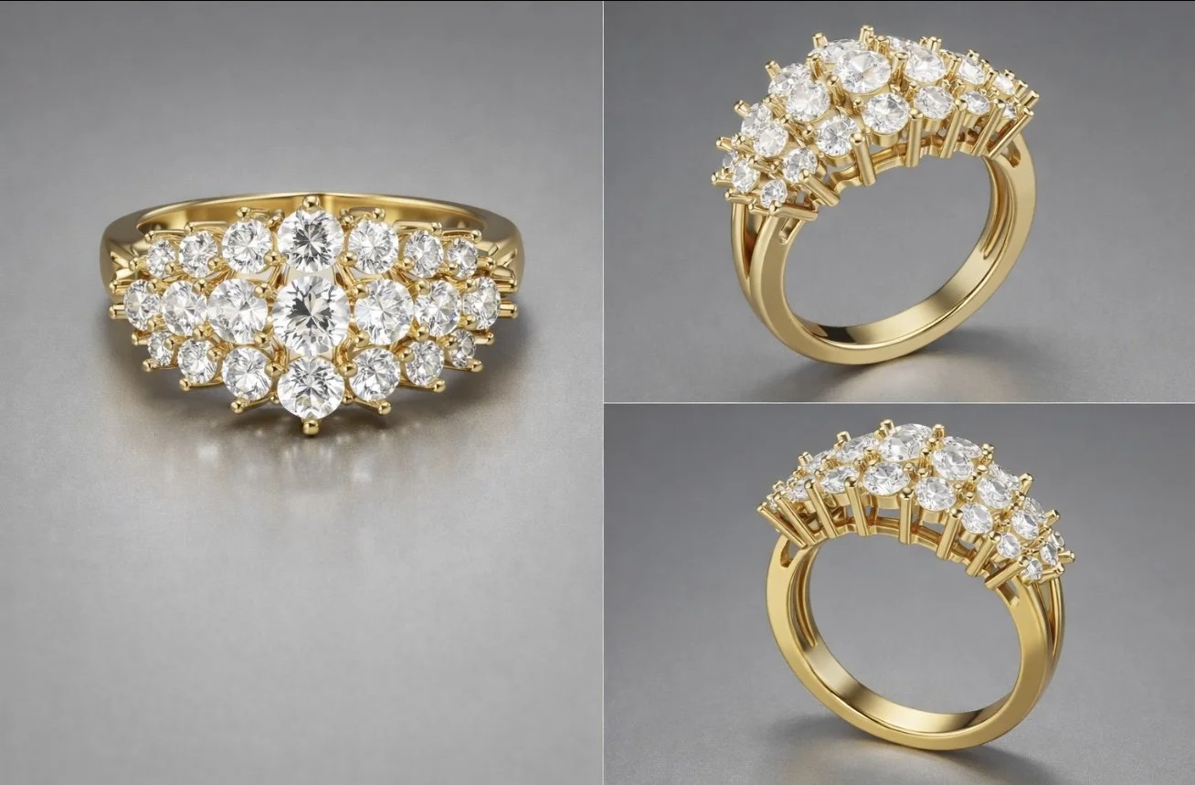 A gold ring with multiple small diamonds arranged in a floral pattern, shown from different angles.