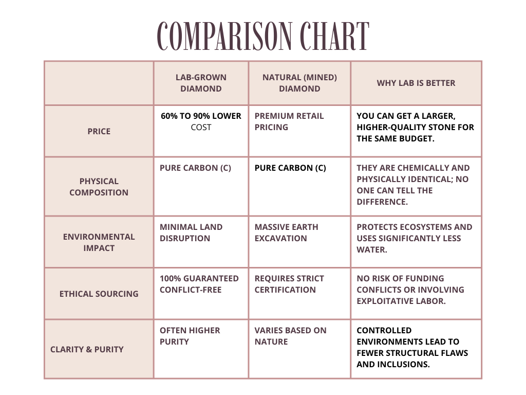 Comparison chart comparing lab-grown diamonds, natural mined diamonds, and reasons why lab-grown diamonds are better, including price, physical composition, environmental impact, ethical sourcing, and clarity.