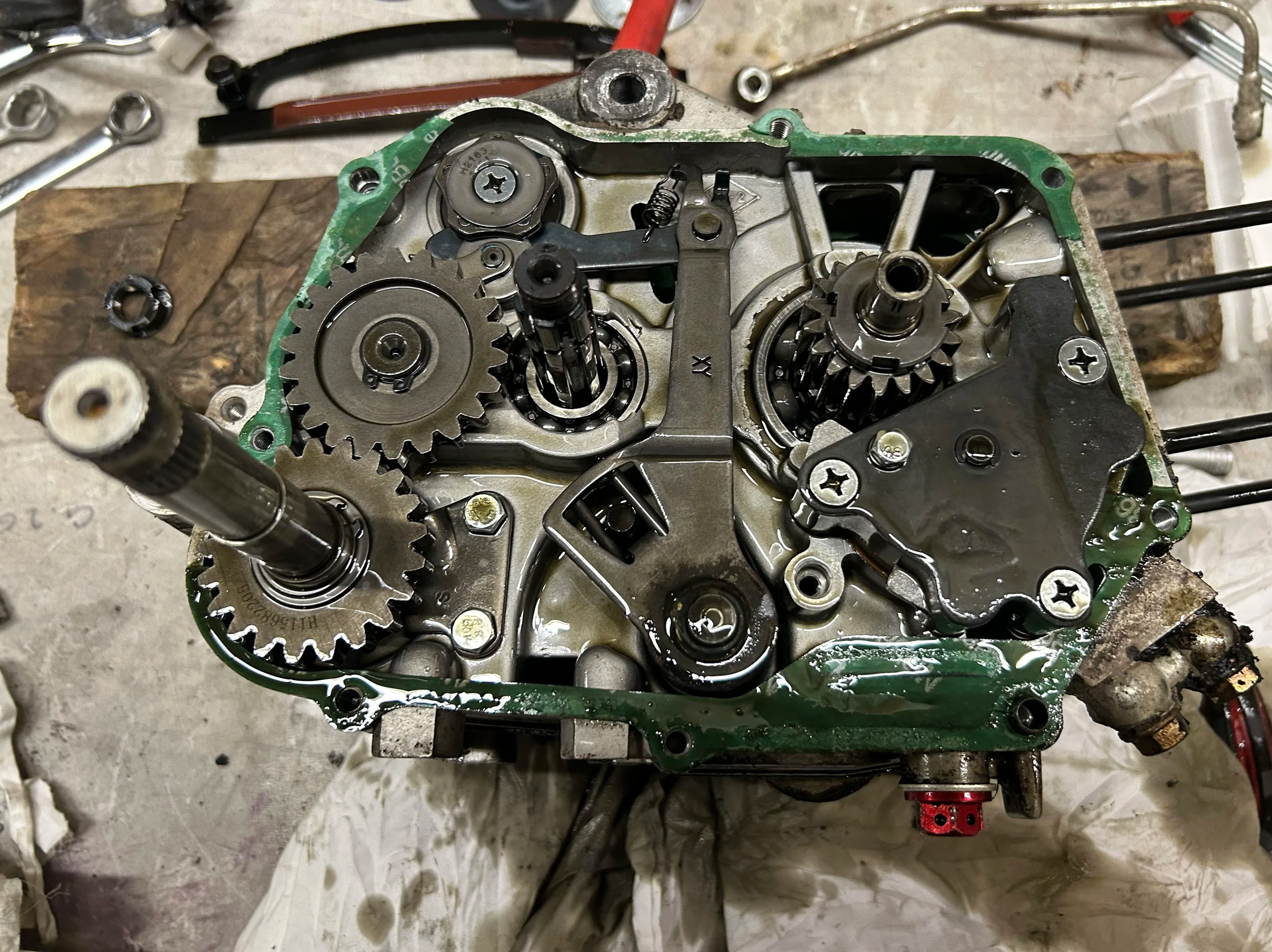 Disassembled motorcycle engine with visible gears, shafts, and oil, on a workbench.