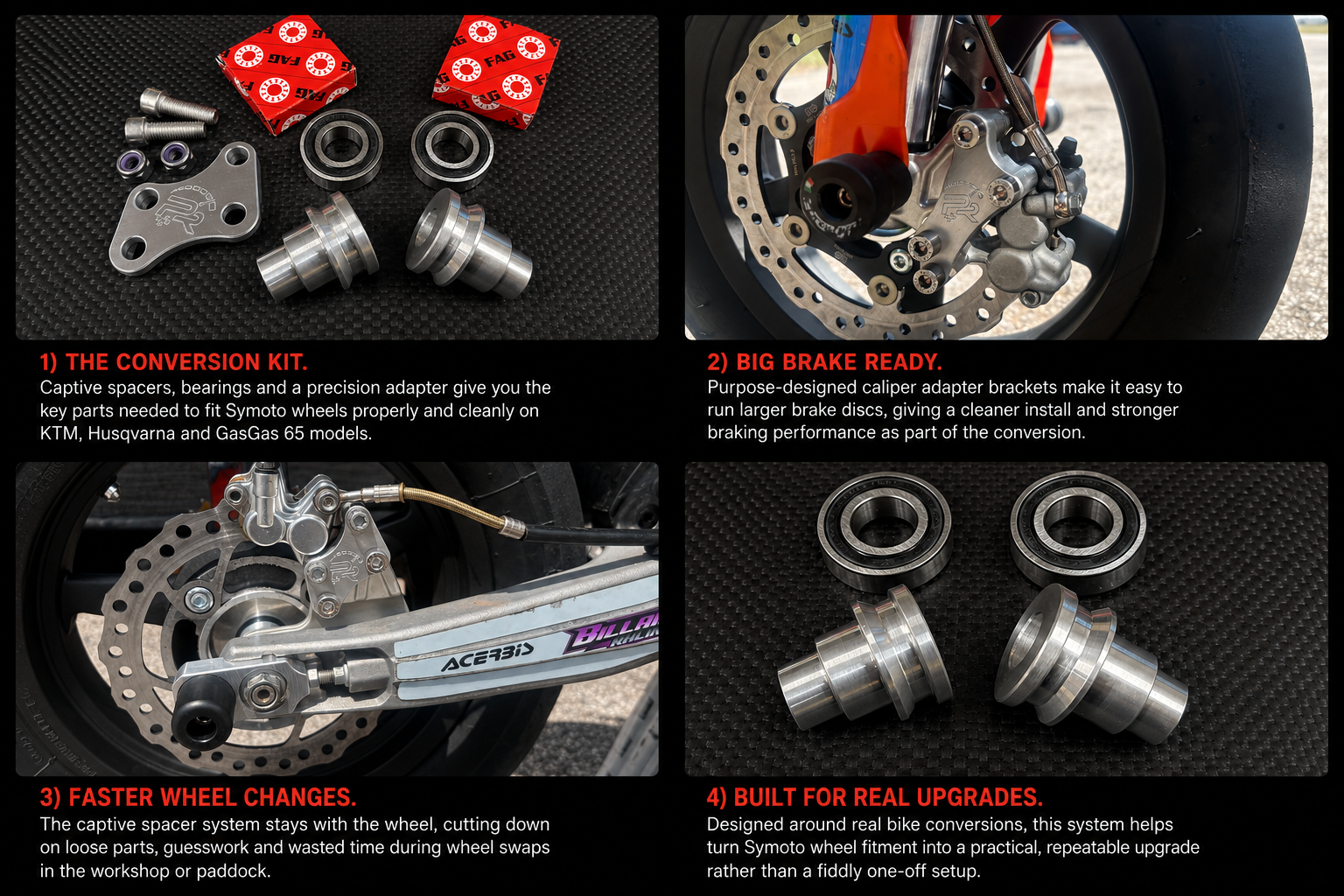KTM 65 Symoto 12-inch wheel conversion kit with captive spacers and big brake adapters for supermoto race builds