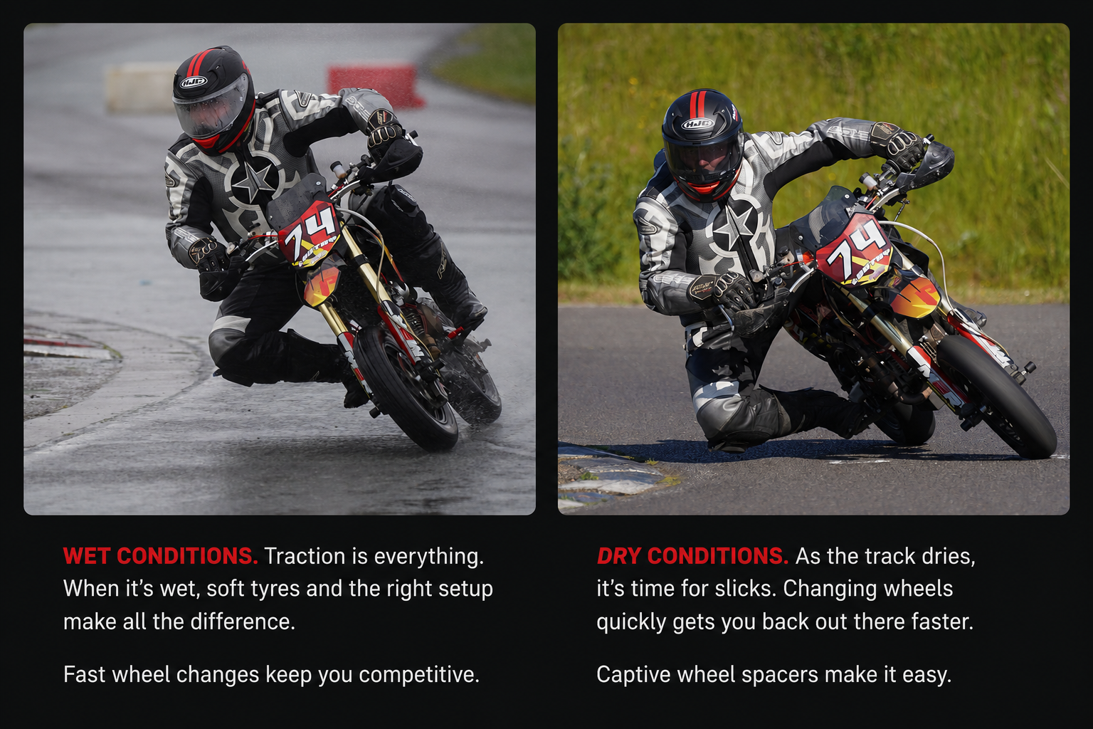 Supermoto rider in wet and dry race conditions showing the need for fast wheel changes with captive wheel spacers