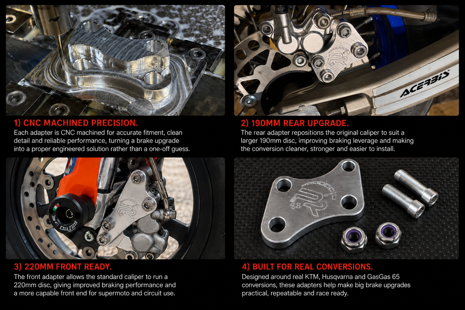 KTM 65 big brake conversion adapters showing CNC machining, 190mm rear and 220mm front brake upgrades for supermoto racing