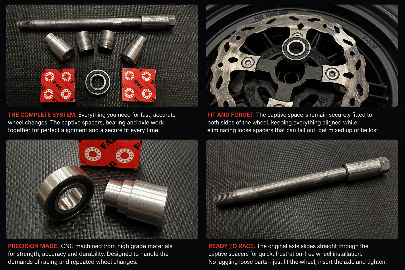 Captive wheel spacer system with bearings and axle, engineered for fast, reliable supermoto wheel changes
