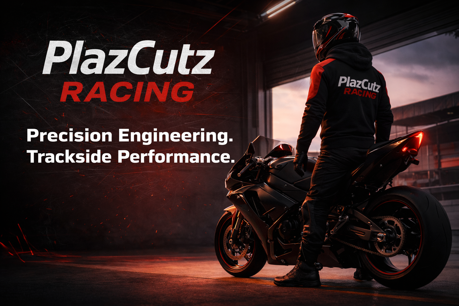 A motorcyclist in racing gear standing next to a black motorcycle inside a garage as the sun sets outside. The text reads "PlazCutz RACING" and "Precision Engineering. Trackside Performance."