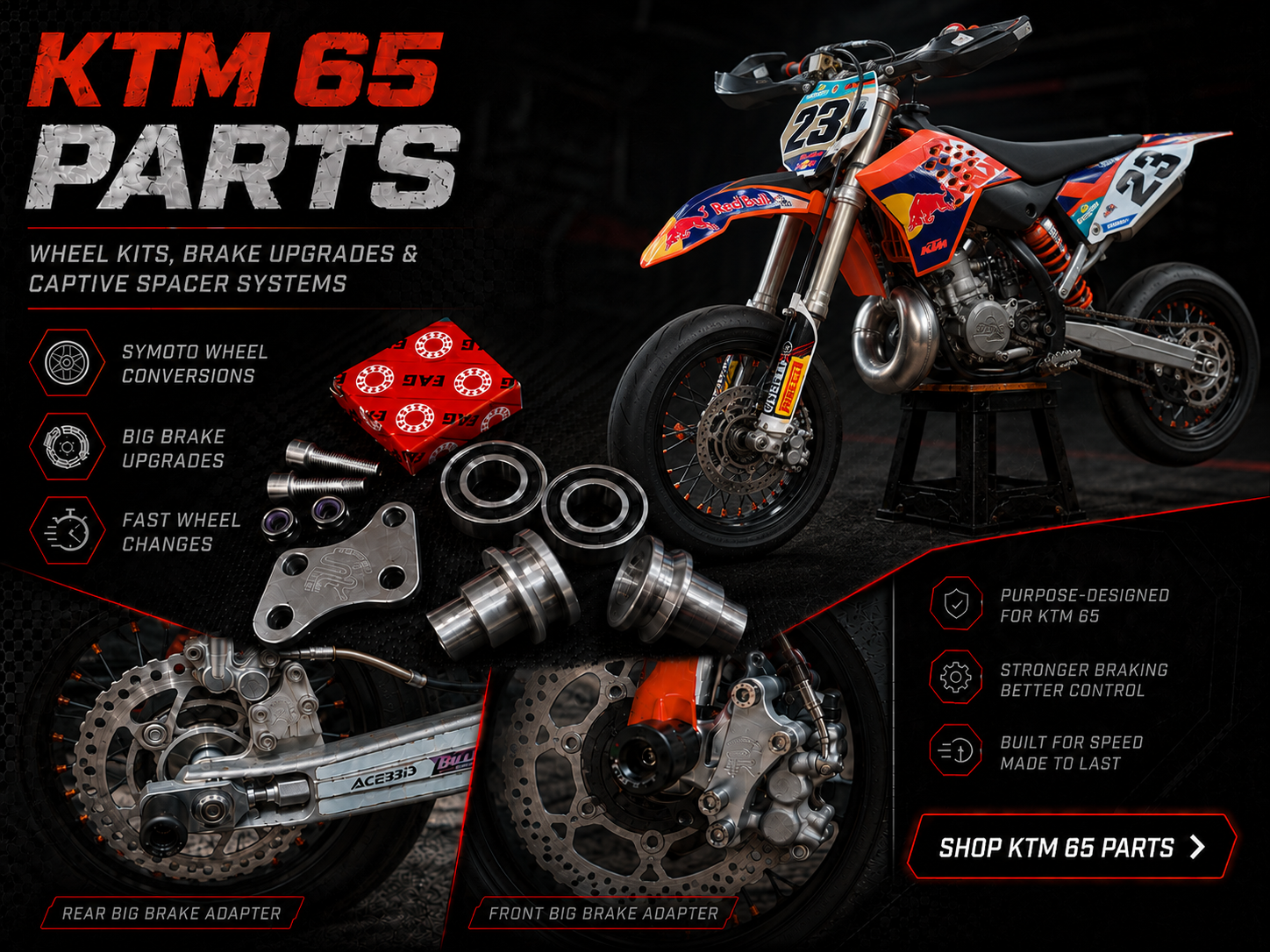 KTM 65 supermoto parts graphic showing wheel conversion kit, captive spacers and big brake adapters for race bike builds and fast wheel changes