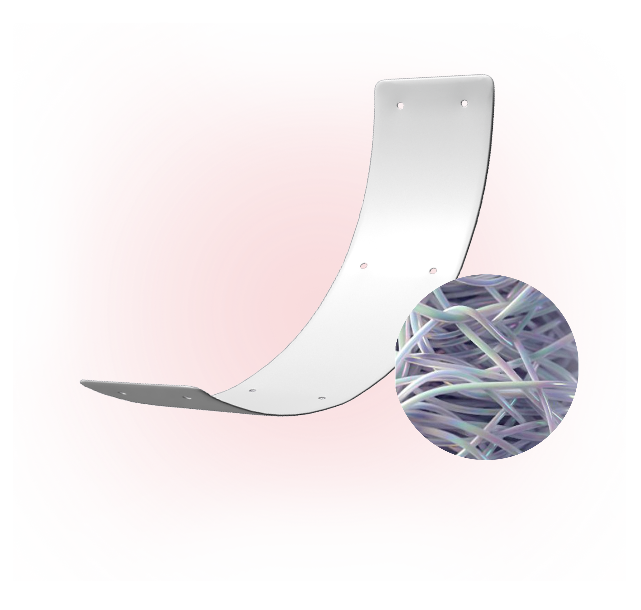 A white, curved metal bracket with multiple screw holes, displayed on a red spiral background. A magnified inset shows a close-up of tangled gray wires.