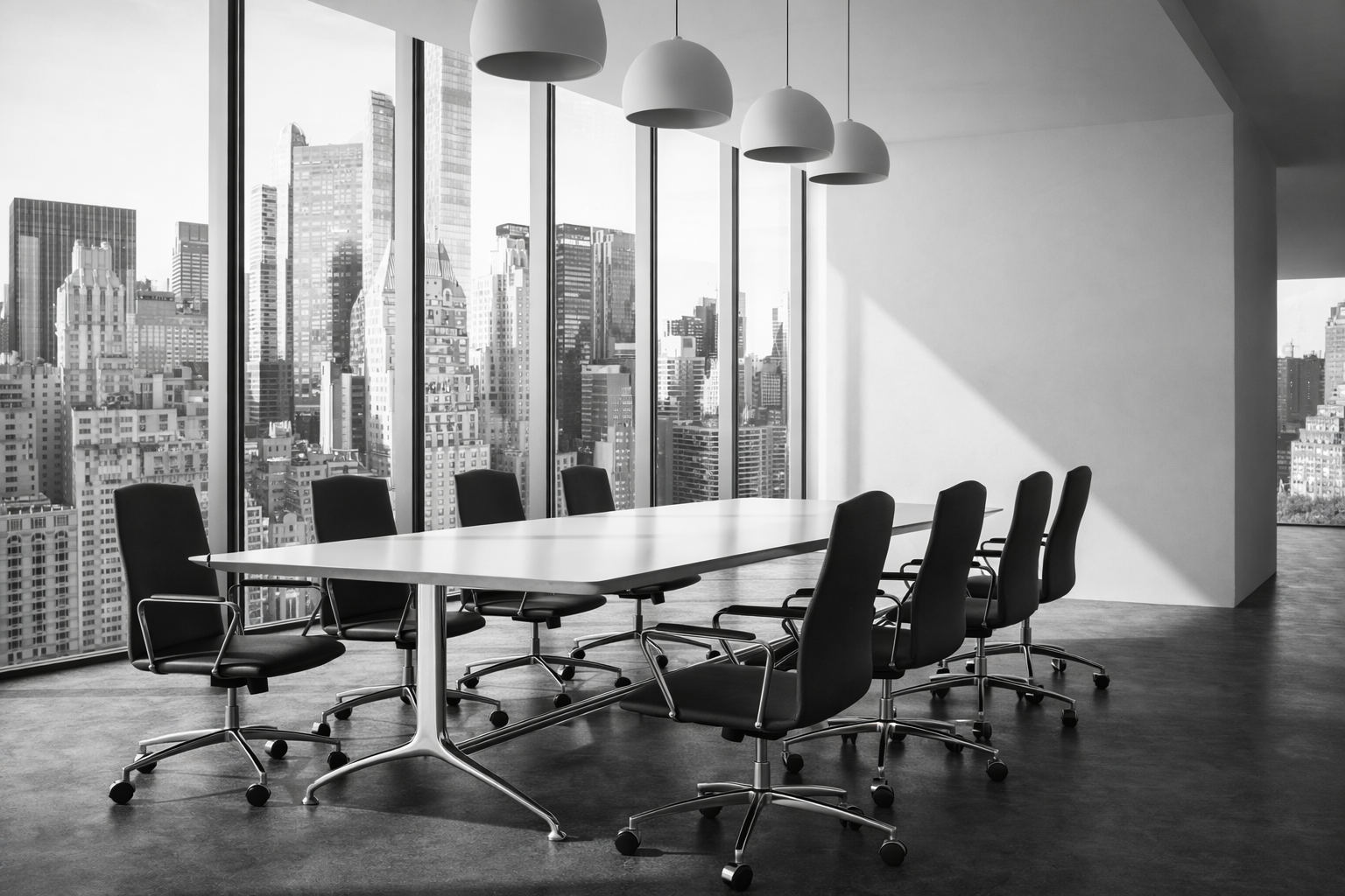 A modern conference room with black office chairs around a white table, large floor-to-ceiling windows showing a city skyline, and three hanging pendant lights.