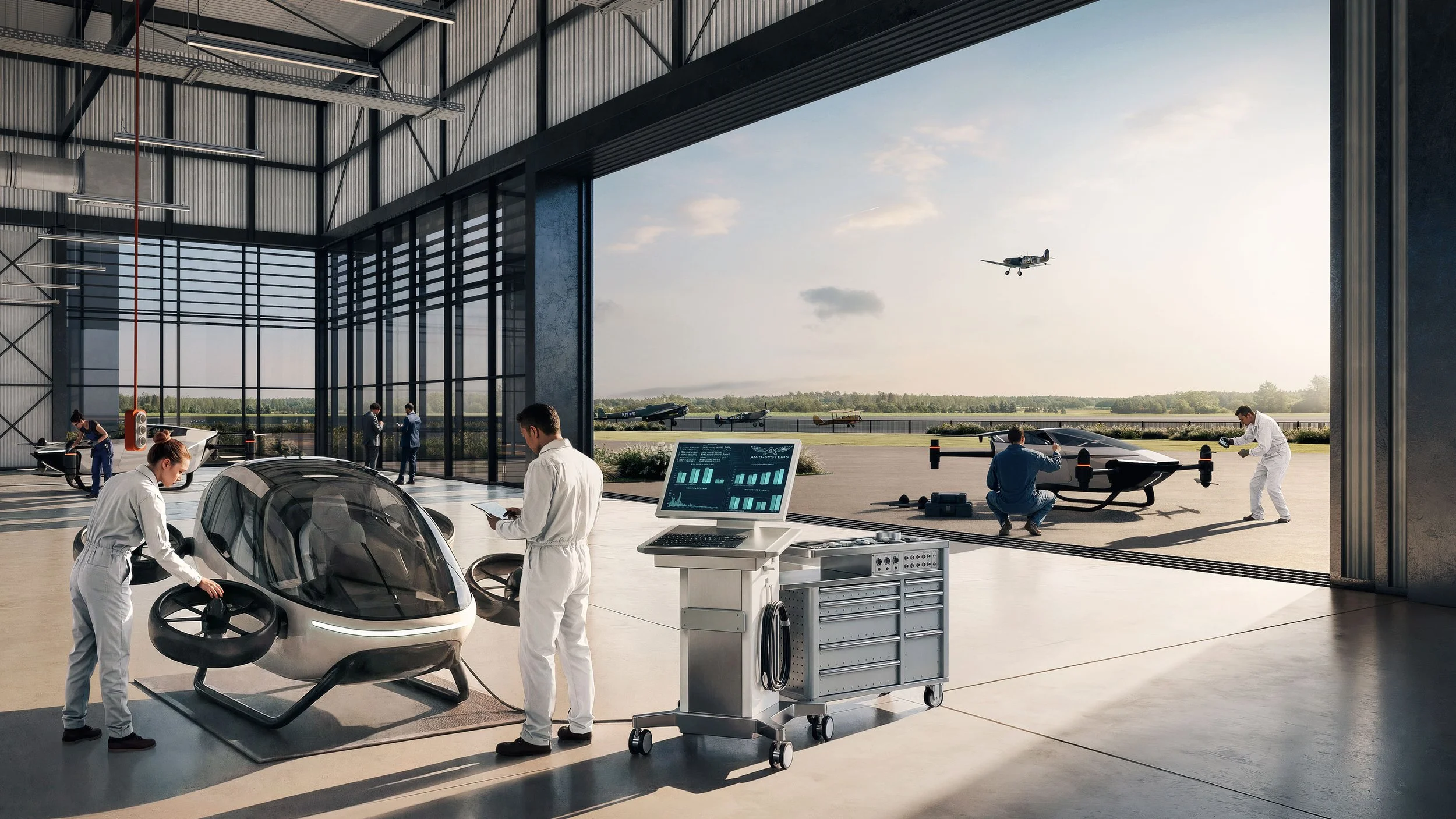 Inside an aircraft hangar, several people in white lab coats work on developing and testing drone aircraft. One person is working on a small drone, another is inspecting a futuristic-looking, bubble-shaped vehicle. There is a computer with data charts, and in the background through the open hangar doors, small planes and a vintage military airplane are visible flying in the sky.
