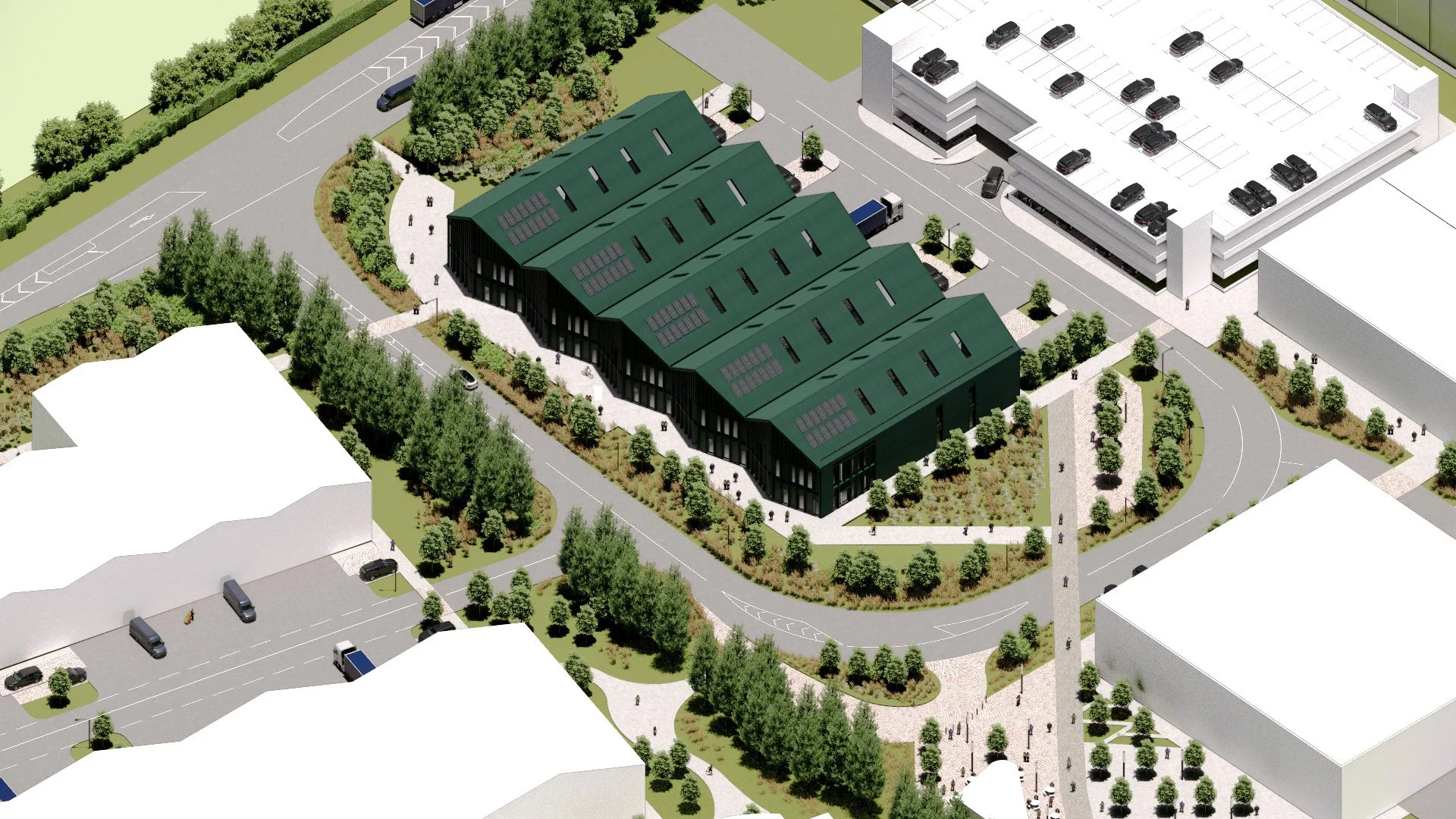 An aerial view of a modern building with a green, sloped roof and solar panels, surrounded by trees, parking lots, and pathways in an urban setting.