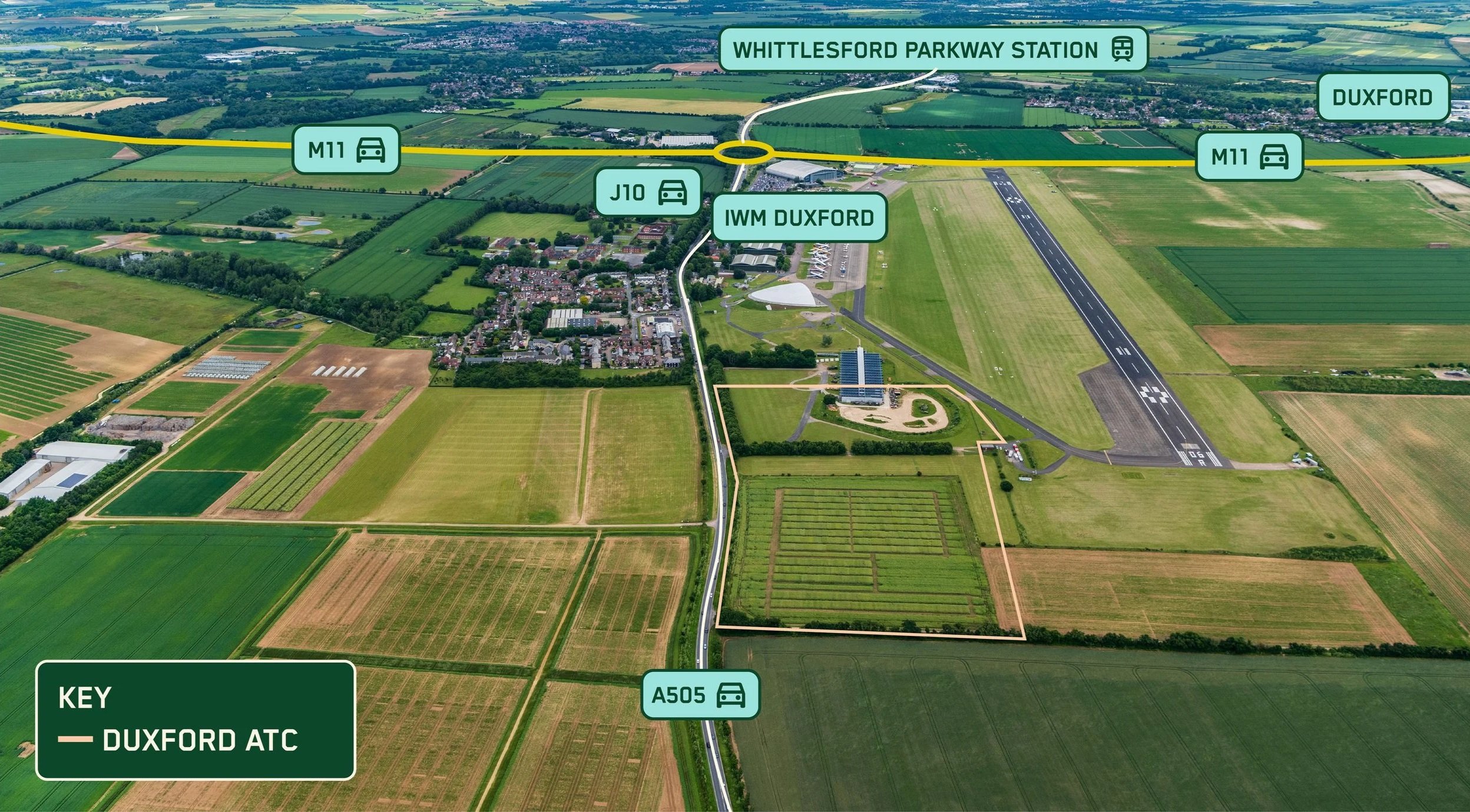 Aerial view of fields and roads near Duxford, England, showing labels for Whittlesford Parkway Station, Duxford, M11, J10, A505, IWM Duxford, and Duxford ATC.