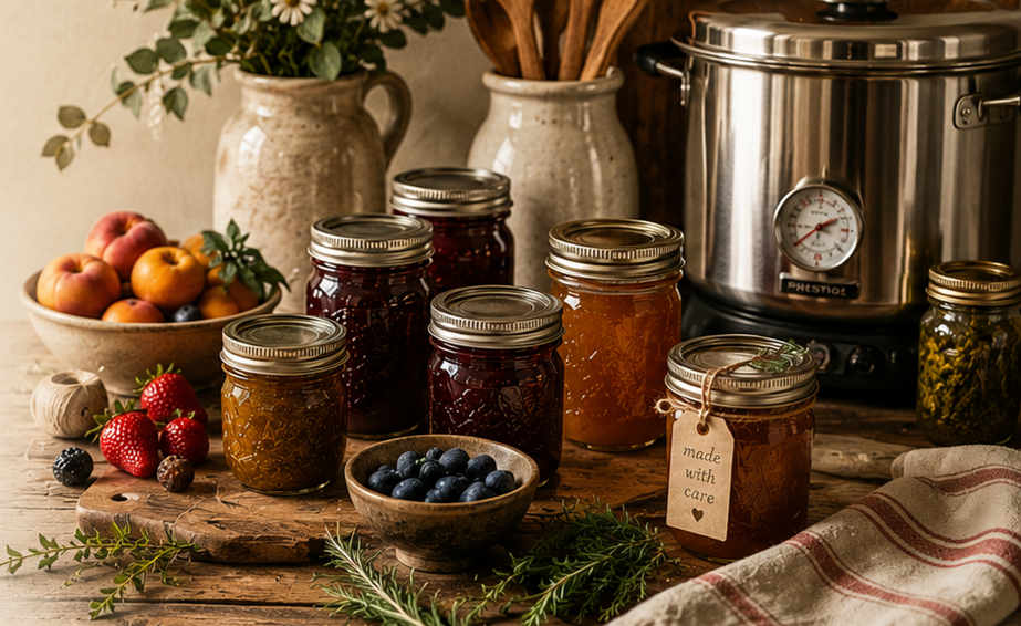 Various jars of homemade fruit preserves on a rustic wooden table with fresh berries and herbs, alongside kitchen decor and a slow cooker in the background.