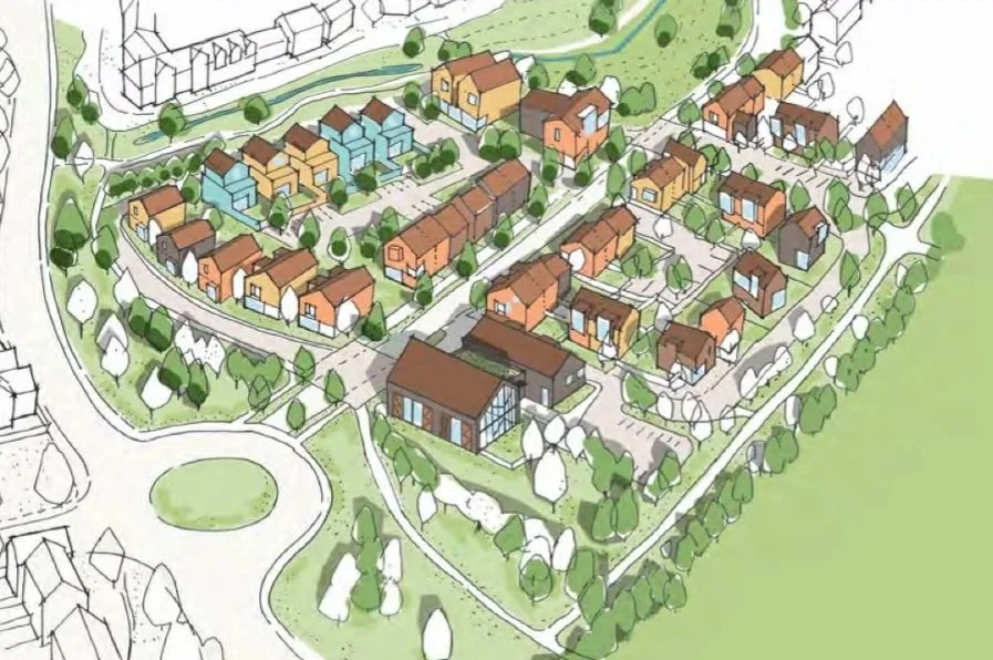 A colorful aerial illustration of a residential neighborhood featuring various houses, trees, green spaces, and roads.