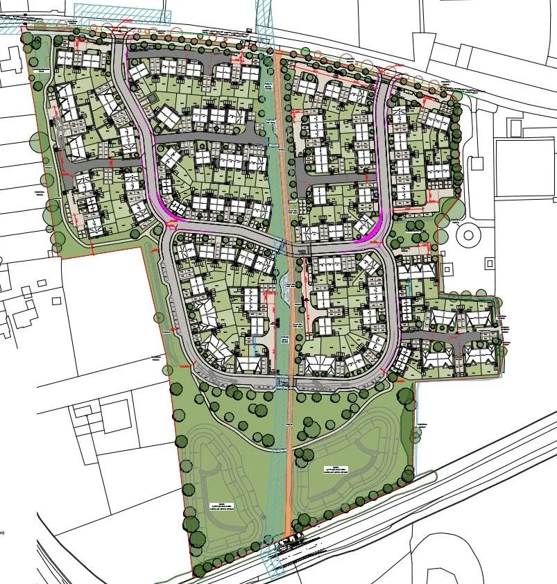A detailed map of a residential neighborhood plan showing roads, houses, green spaces, and parks.