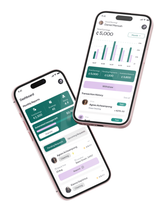 Two smartphones displaying financial app dashboards with earnings, transactions, and requests.