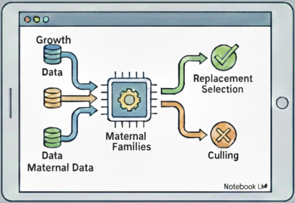 Diagram of a process for maternal family data analysis, showing input data, a central processing unit, and options for replacement or culling.