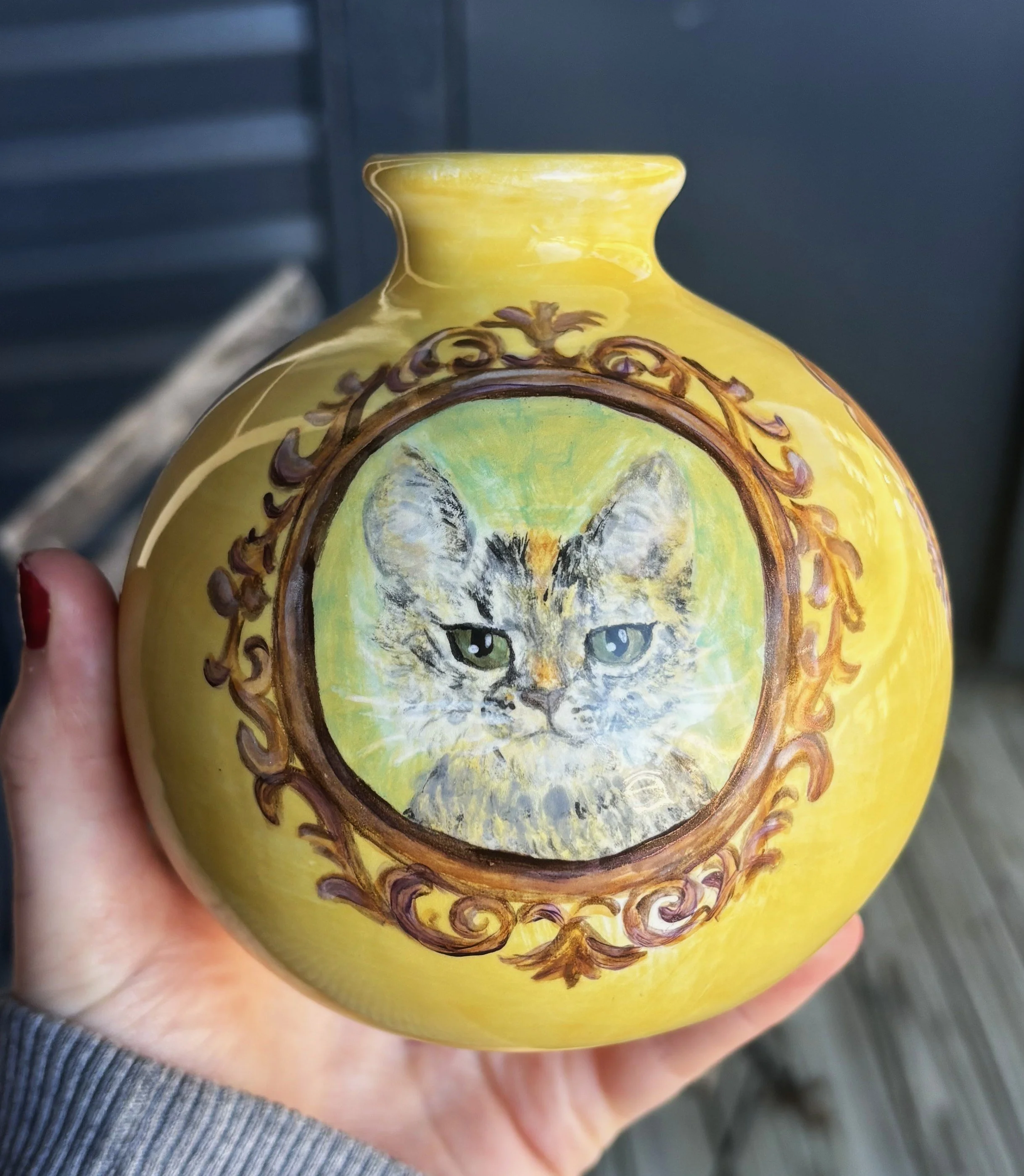 Cat vase, 3 of 3. This piece was commissioned by a friend to commemorate past pets. 