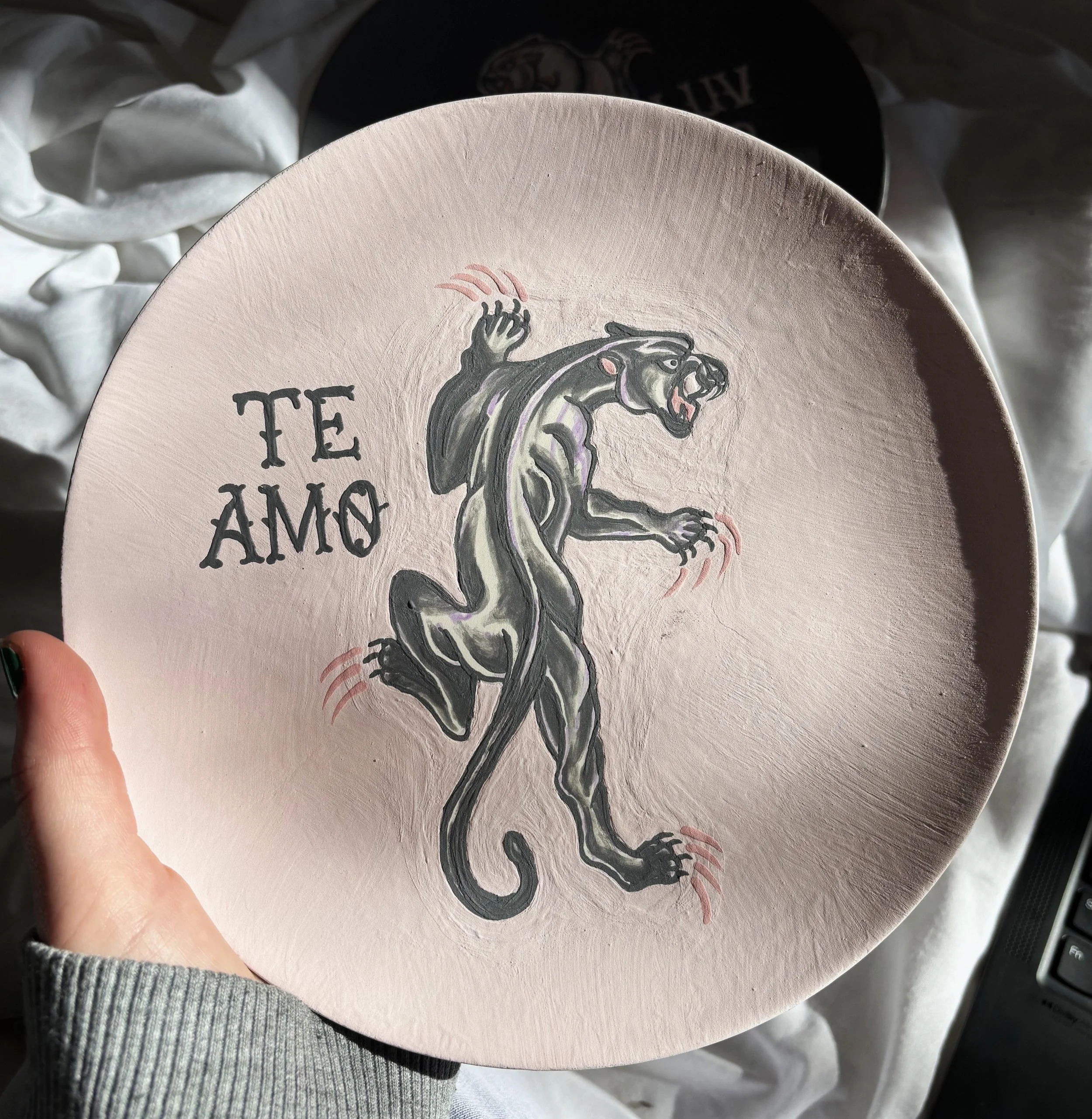 "Kitty-Gram" unfired, 2 of 2 - a Valentine's plate inspired by American traditional tattoo imagery, and candy hearts. 