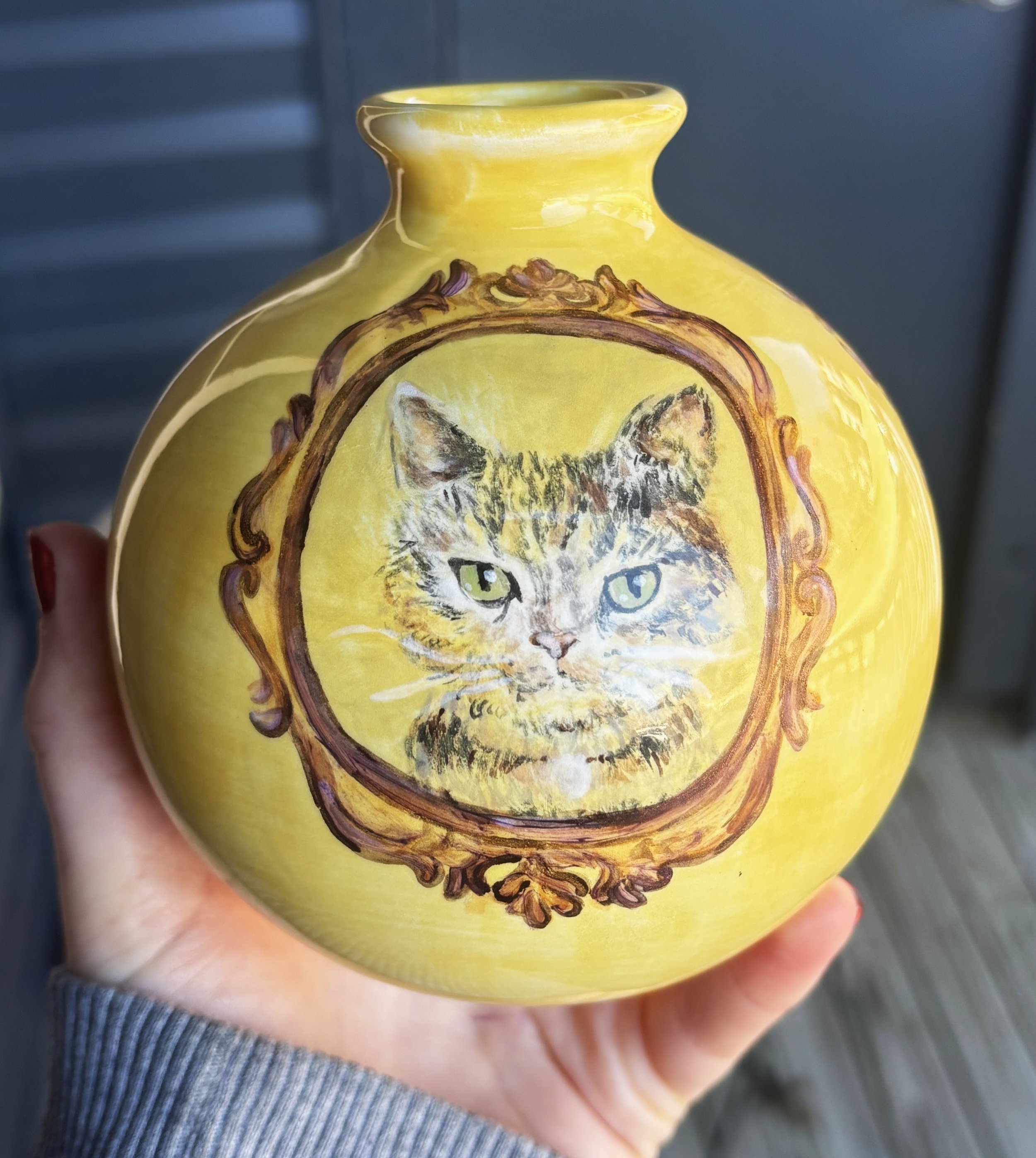 Cat vase, 1 of 3. This piece was commissioned by a friend to commemorate past pets. 