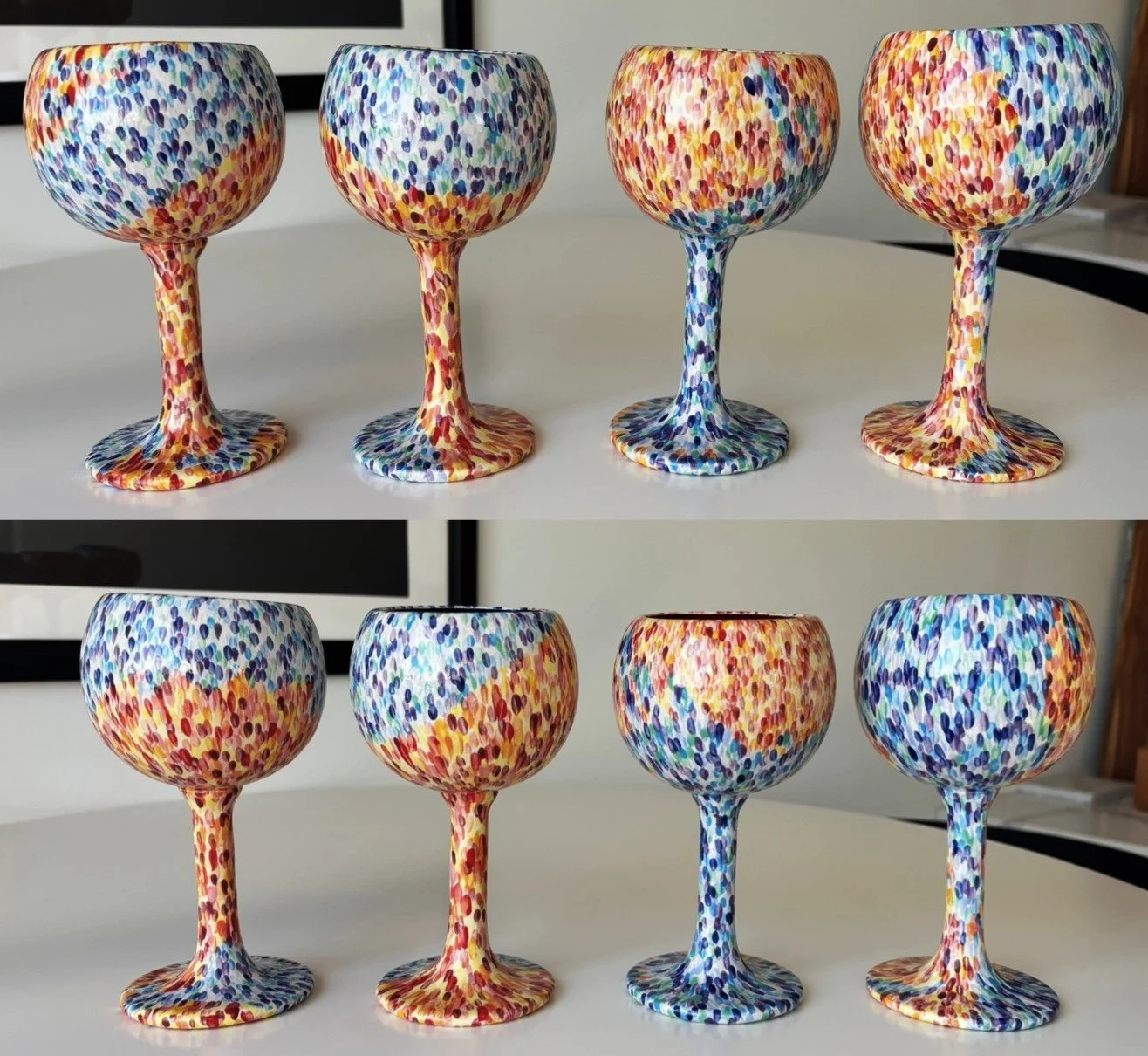 "Water Stains", 3 of 3. Each glass was designed by using different techniques (dipping, spilling, splashing, overflowing) to mark where the warm and cool drops would fill the glasses.  