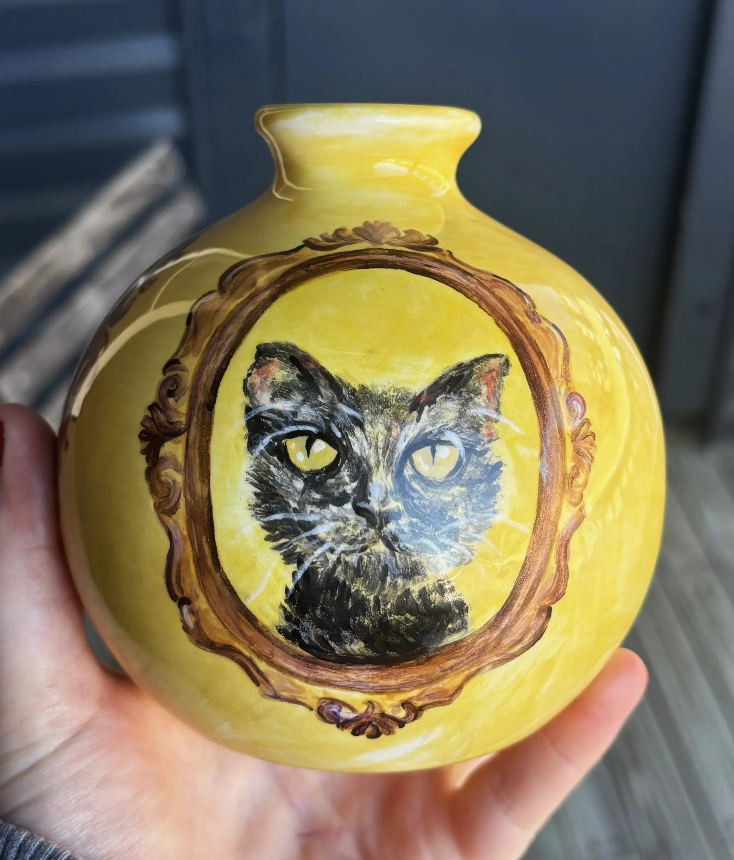 Cat vase, 2 of 3. This piece was commissioned by a friend to commemorate past pets. 