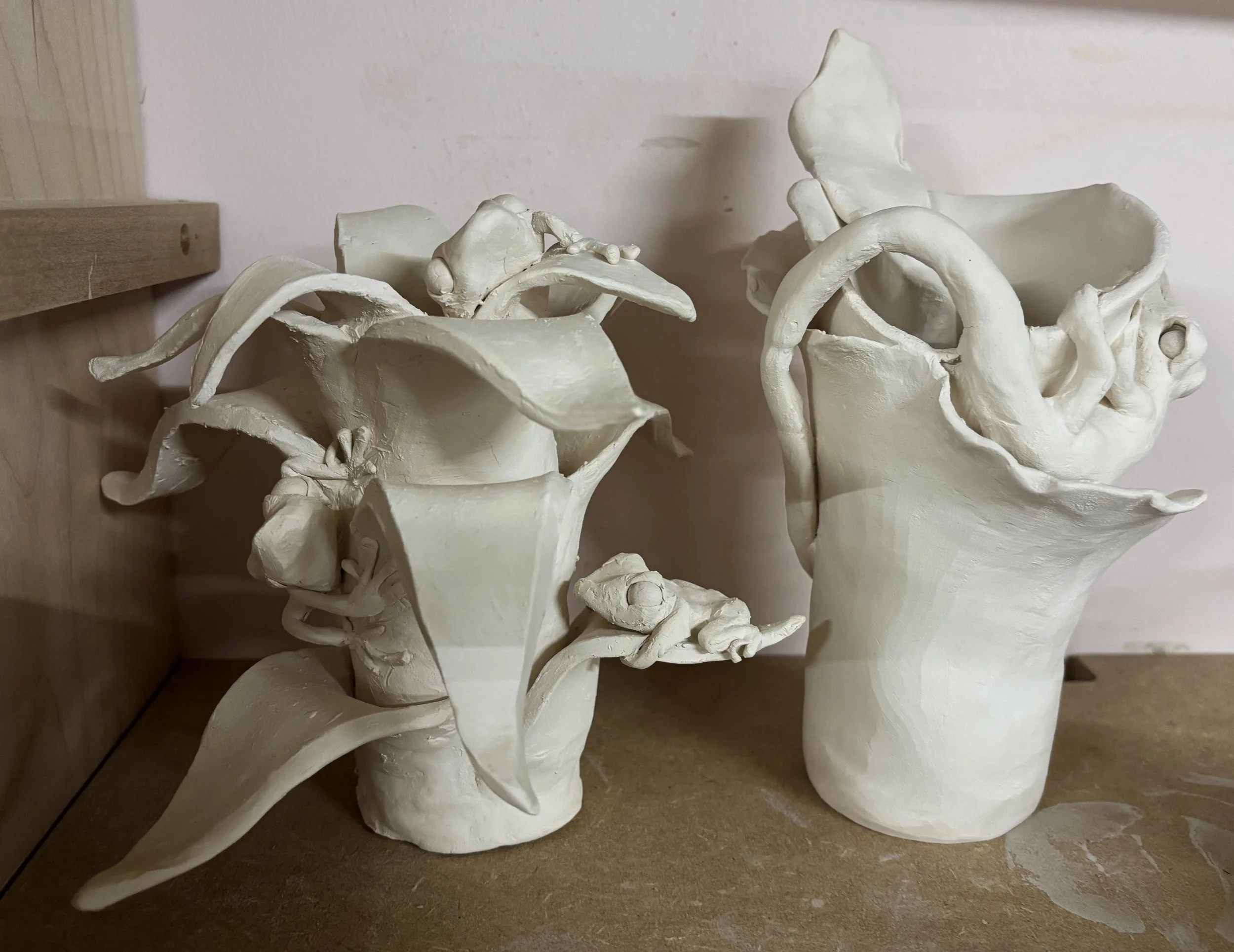 "Symbiosis" - My first functional, sculptural pieces, bisque fired. I am so excited to continue sculpting!