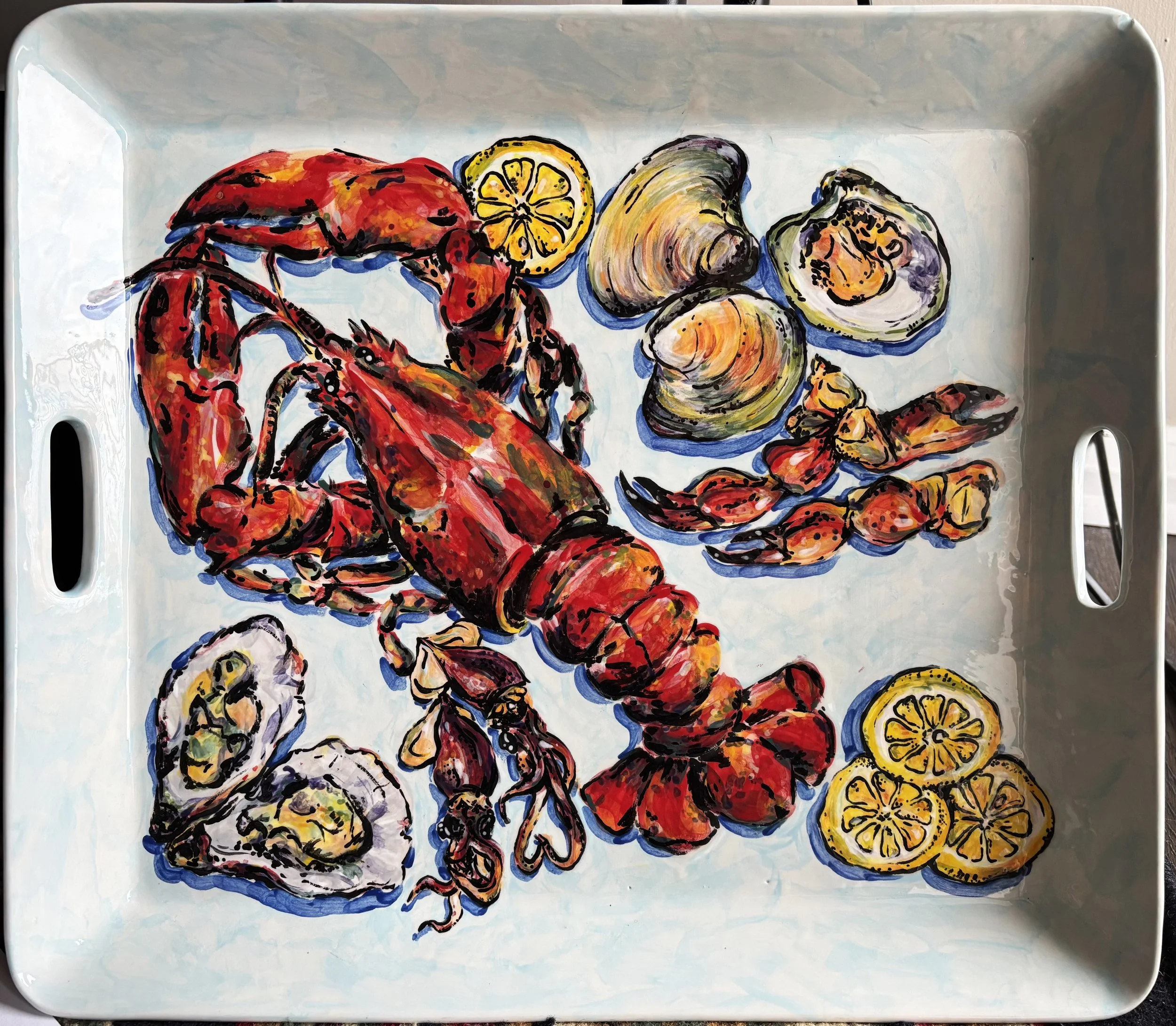 "Ocean Gifts" - A platter for my seafood loving mom. This was a really fun project that totally came to life after firing. 