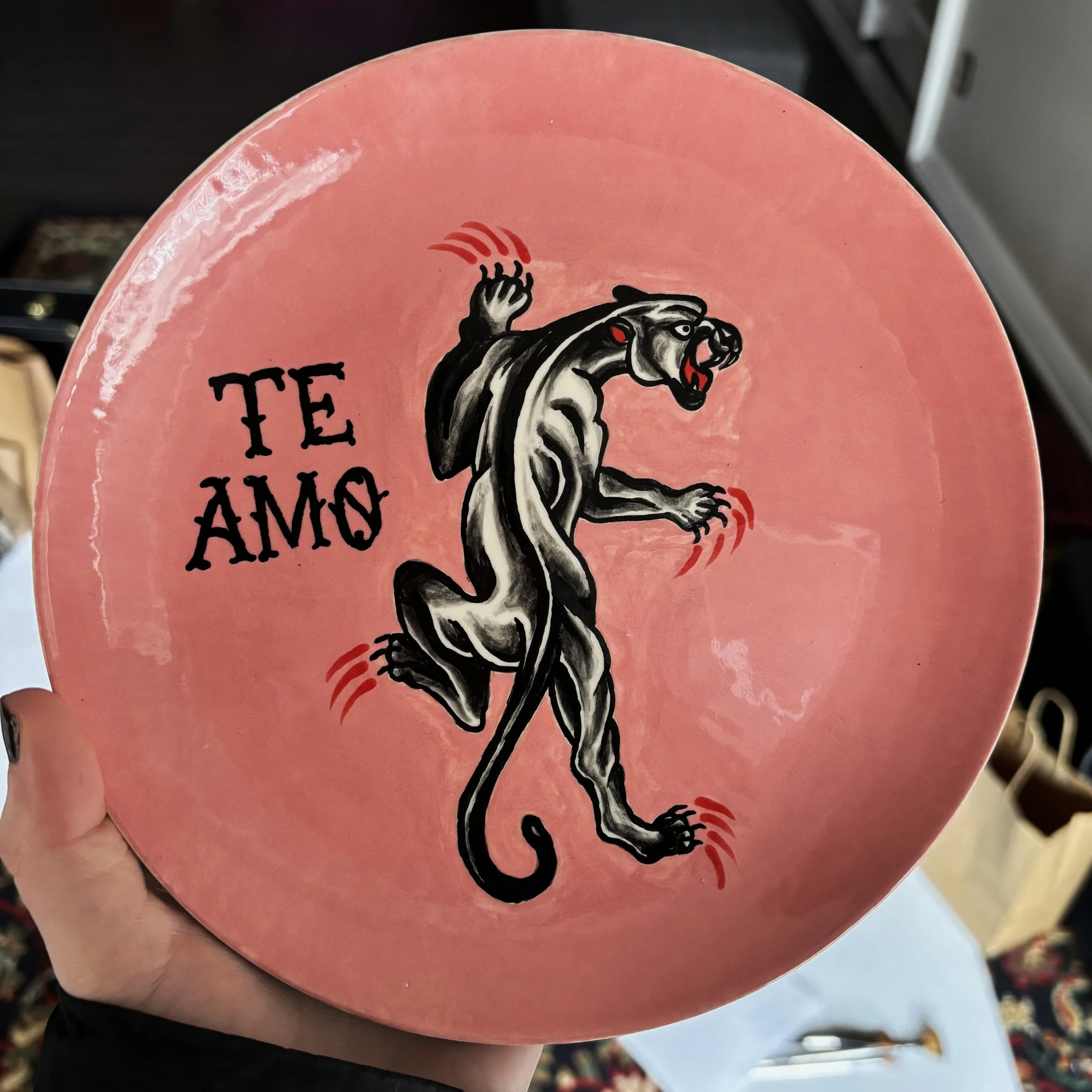 "Kitty-Gram" - a Valentine's plate inspired by American traditional tattoo imagery, and candy hearts. 