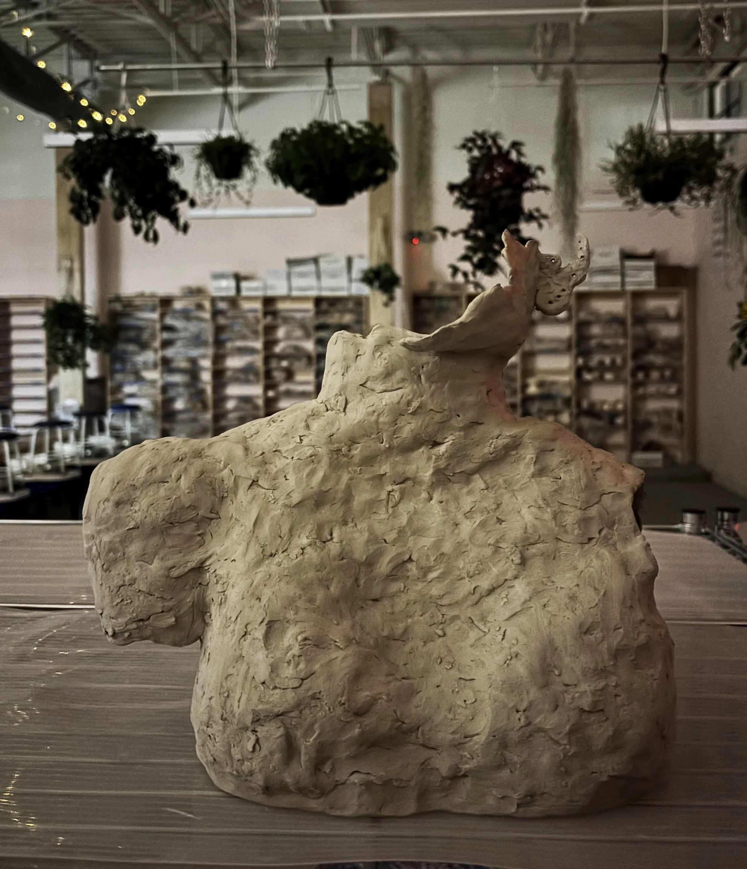 This is the biggest piece I have sculpted so far. Its intended purpose is to be a jewelry holder, with 8 holes in the ear, and space for necklaces. Hopefully she survives the kiln!