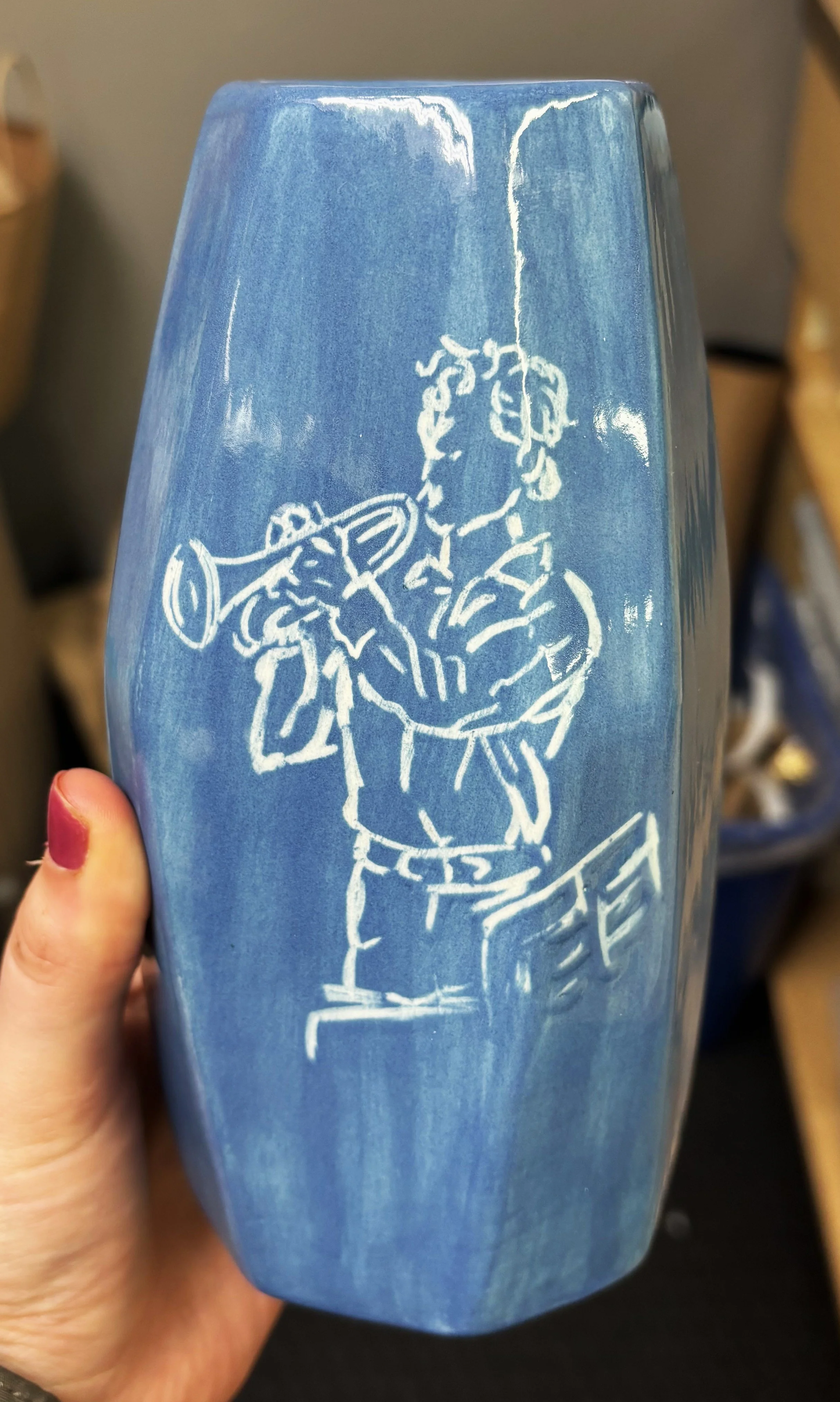 1 of 4. Sgraffito technique, etching out a friend and his trumpet!