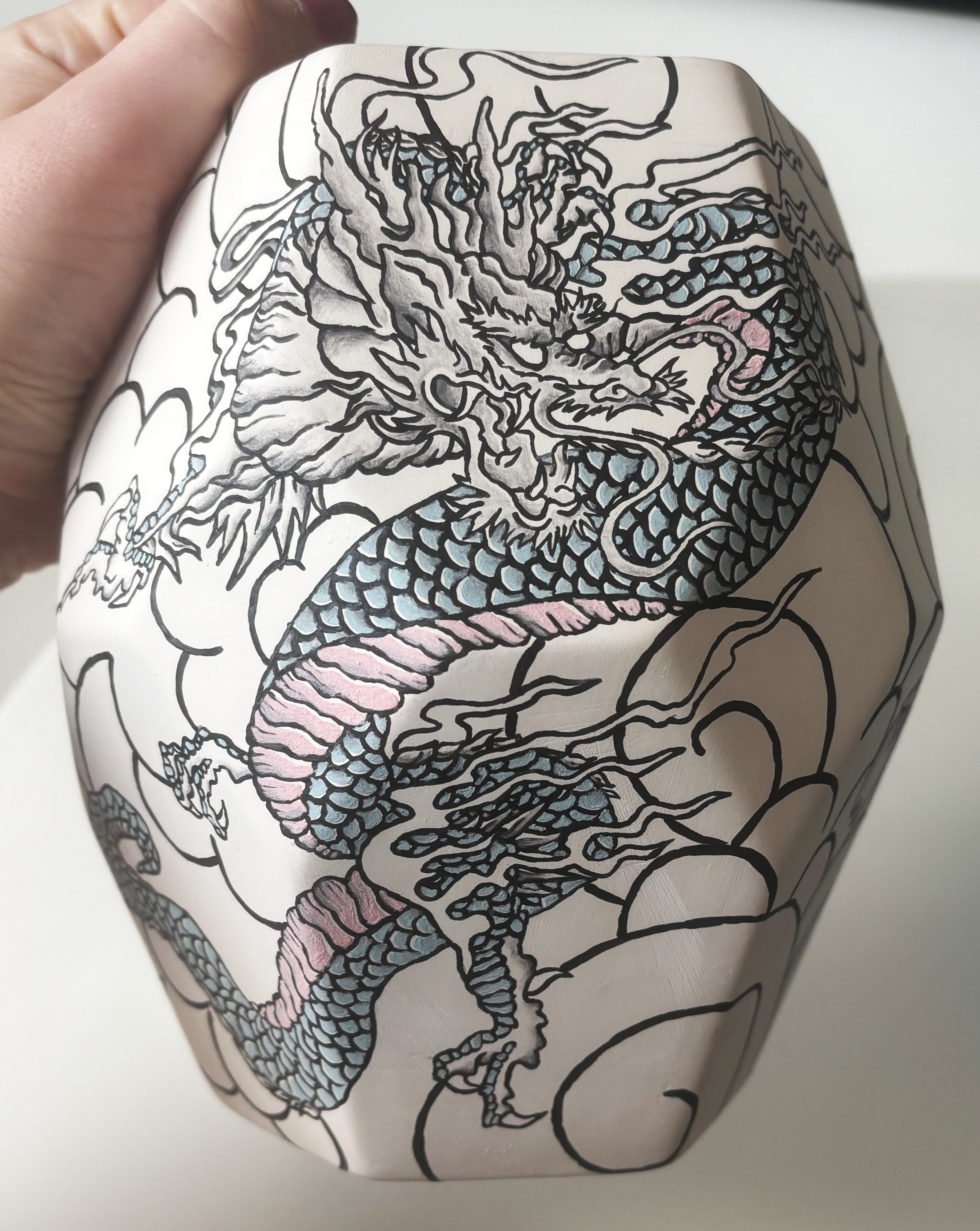 "Among the Clouds", 3 of 6. After the first firing, the marker disappears and detail can be added through the technique of spit-shading and filling in colors. 