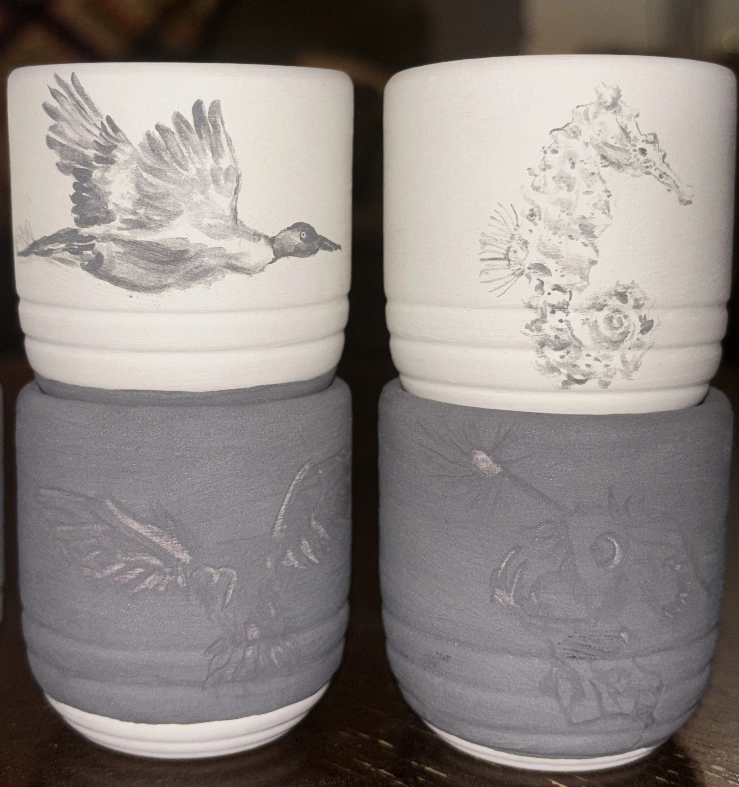 "Day and Night", 1 of 2 (before firing). This set of 8 small glasses each feature a diurnal and nocturnal animal, respectively. This truly tested my precision and my eyes!