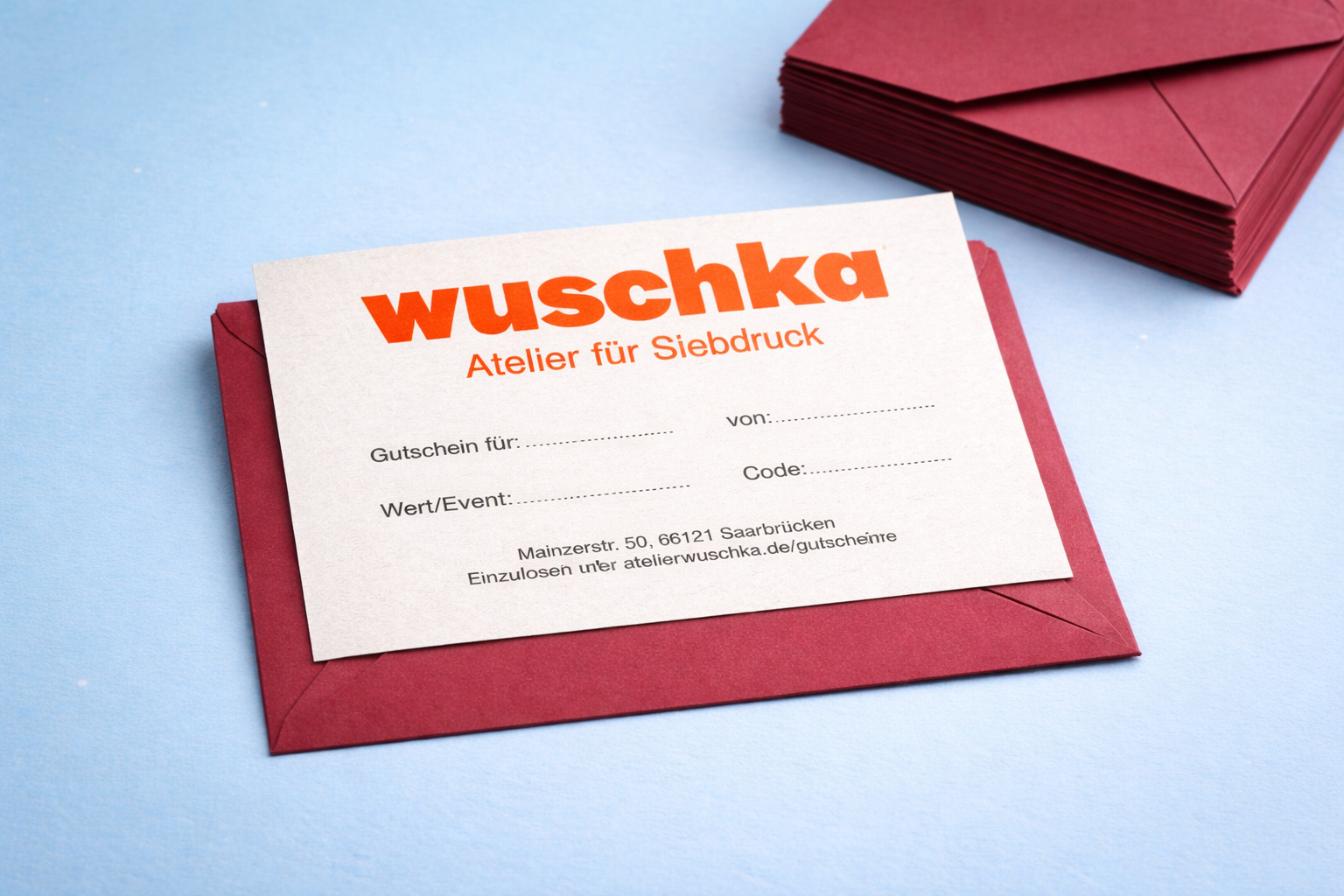 Gutscheinkarte, für ein kreatives Event im Atelier Wuschka für Siebdruck in Saarbrücken.