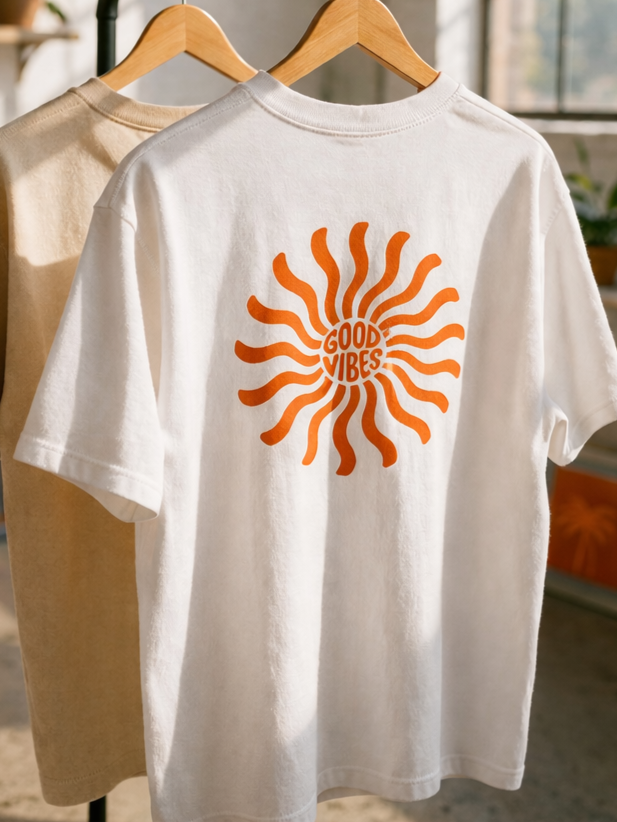 Das Bild zeigt bedruckte T-Shirts mit Firmenlogo oder individuellem Design, umgesetzt im Siebdruckverfahren mit klaren Linien und intensiven Farben im Atelier in Saarbrücken.