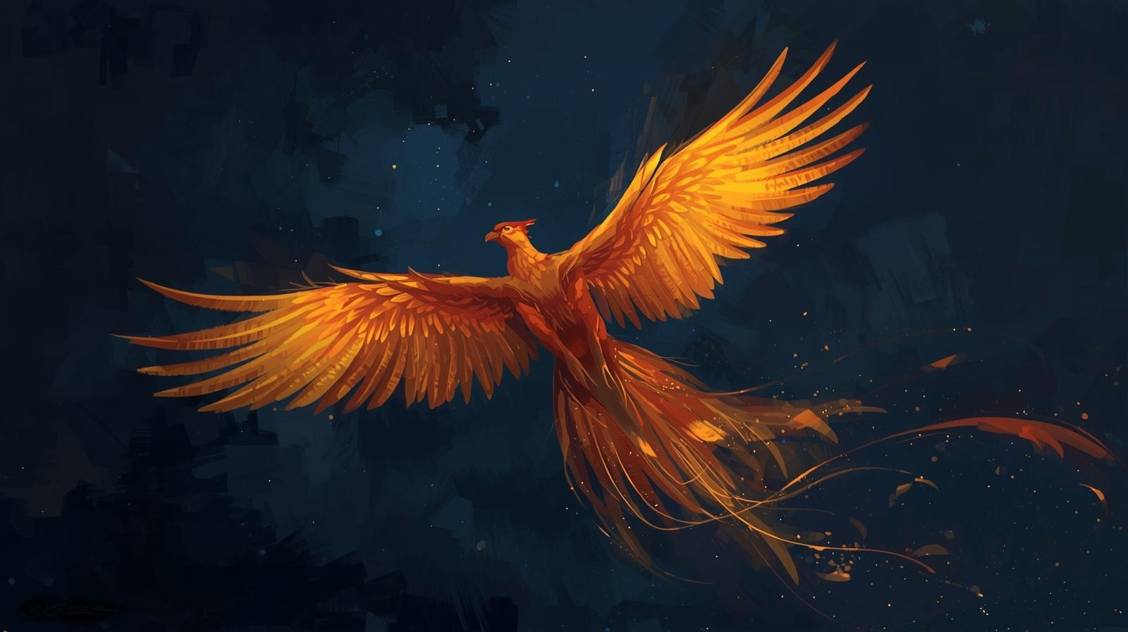 Digital painting of a fiery, golden phoenix soaring in a dark starry sky.