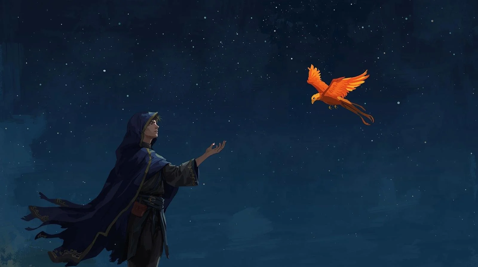A person dressed in dark robes with a hood, standing under a starry night sky, reaching out towards a flying orange bird.